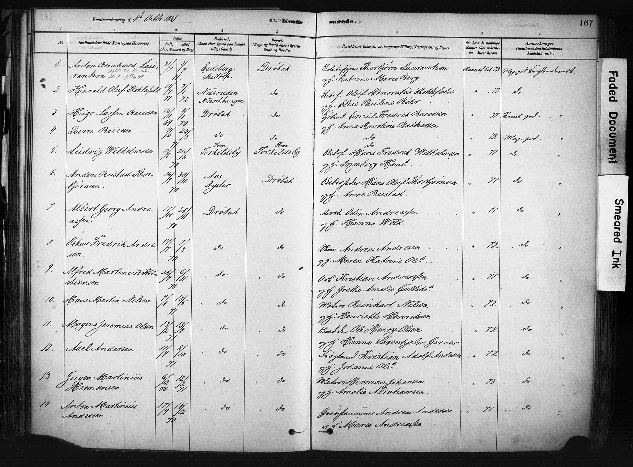 Drøbak prestekontor Kirkebøker, AV/SAO-A-10142a/F/Fb/L0001: Parish register (official) no. II 1, 1878-1891, p. 167