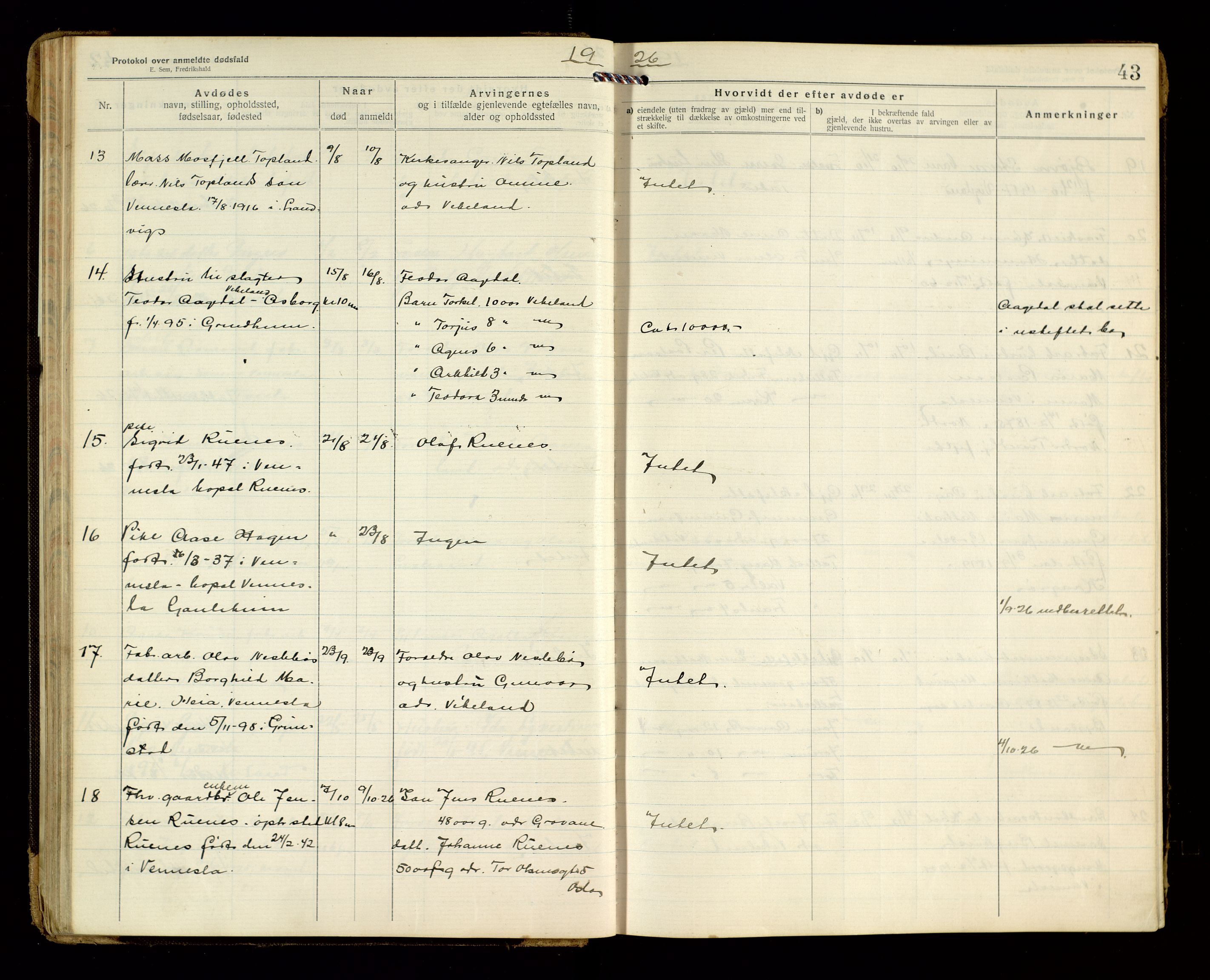 Vennesla og Iveland lensmannskontor, AV/SAK-1241-0050/F/Fe/L0001: Dødsfallsprotokoll nr 7, 1920-1940, p. 43