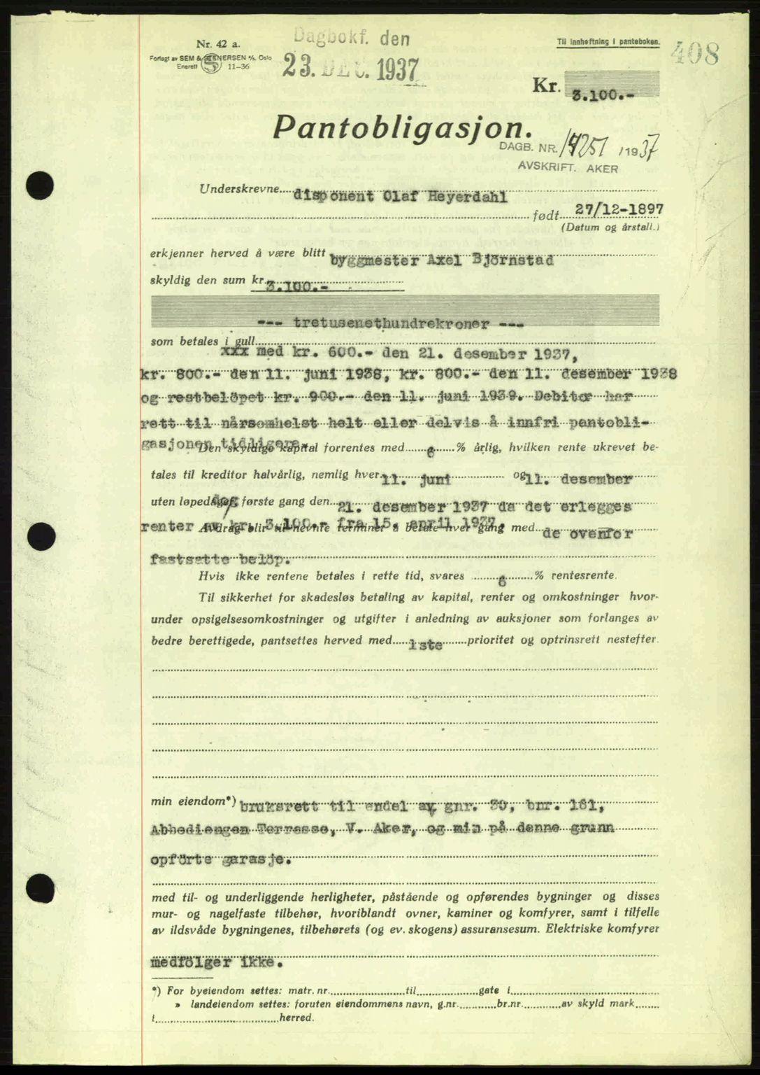 Aker herredsskriveri, SAO/A-10896/G/Gb/Gba/Gbac/L0005: Mortgage book no. B151-152, 1937-1938, Diary no: : 14251/1937