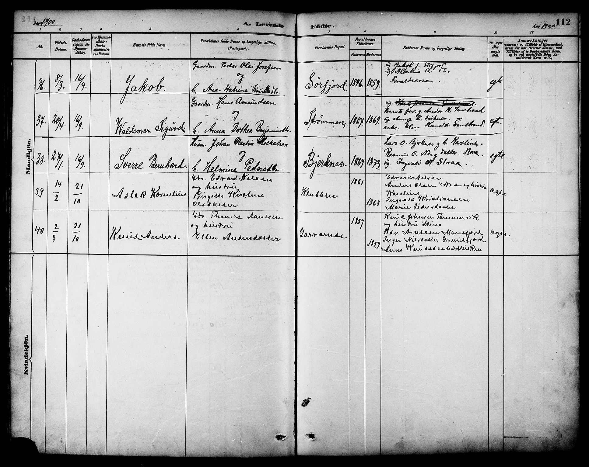 Ministerialprotokoller, klokkerbøker og fødselsregistre - Nordland, AV/SAT-A-1459/861/L0869: Parish register (official) no. 861A04, 1889-1903, p. 112