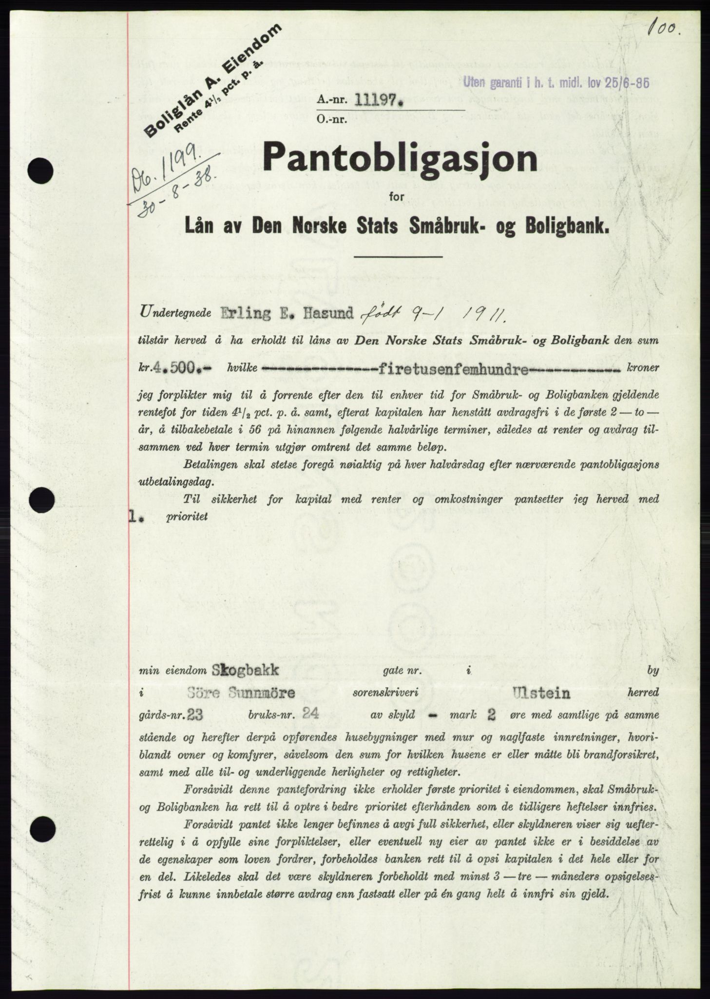 Søre Sunnmøre sorenskriveri, AV/SAT-A-4122/1/2/2C/L0066: Mortgage book no. 60, 1938-1938, Diary no: : 1199/1938