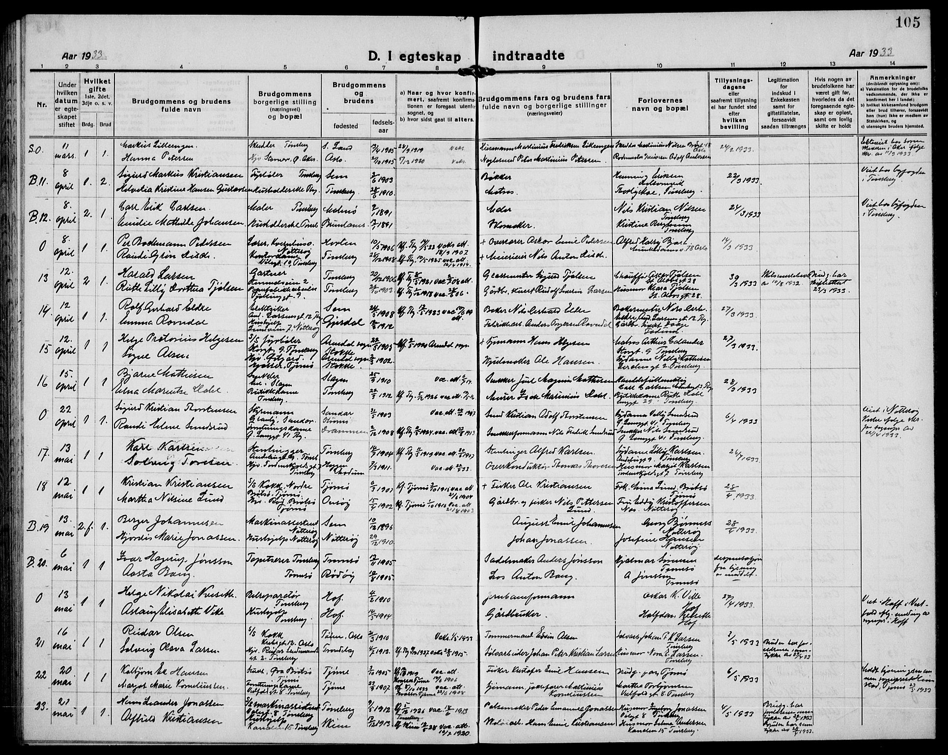 Tønsberg kirkebøker, SAKO/A-330/G/Ga/L0016: Parish register (copy) no. 16, 1920-1933, p. 105