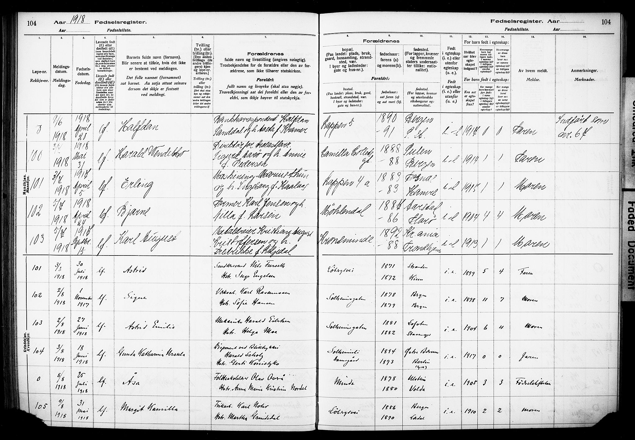 Årstad Sokneprestembete, AV/SAB-A-79301/I/Id/L0A01: Birth register no. A 1, 1916-1920, p. 104