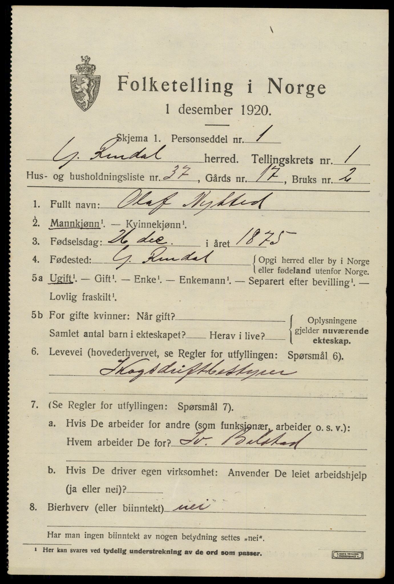 SAH, 1920 census for Ytre Rendal, 1920, p. 1063