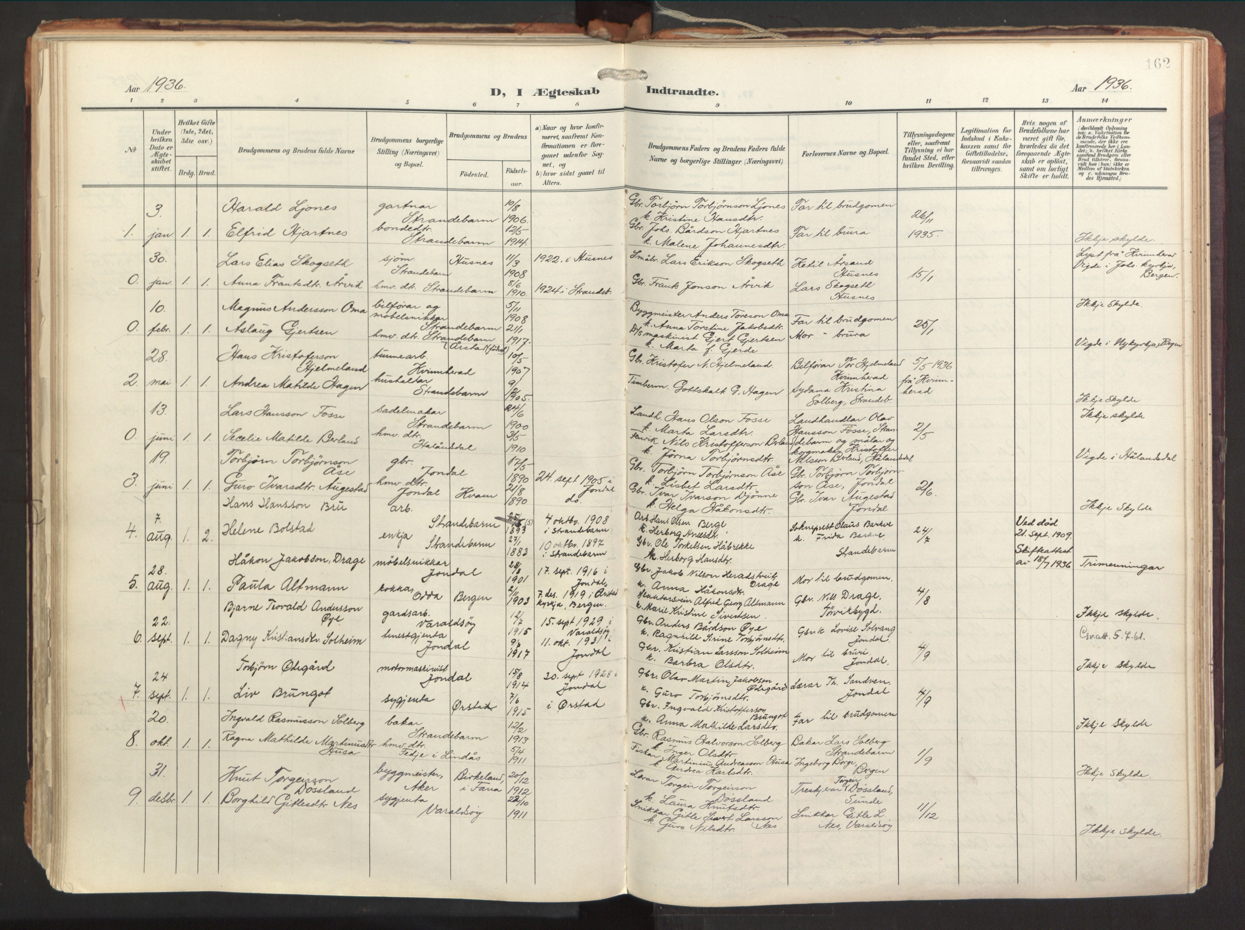 Strandebarm sokneprestembete, SAB/A-78401/H/Haa: Parish register (official) no. B 2, 1909-1941, p. 162