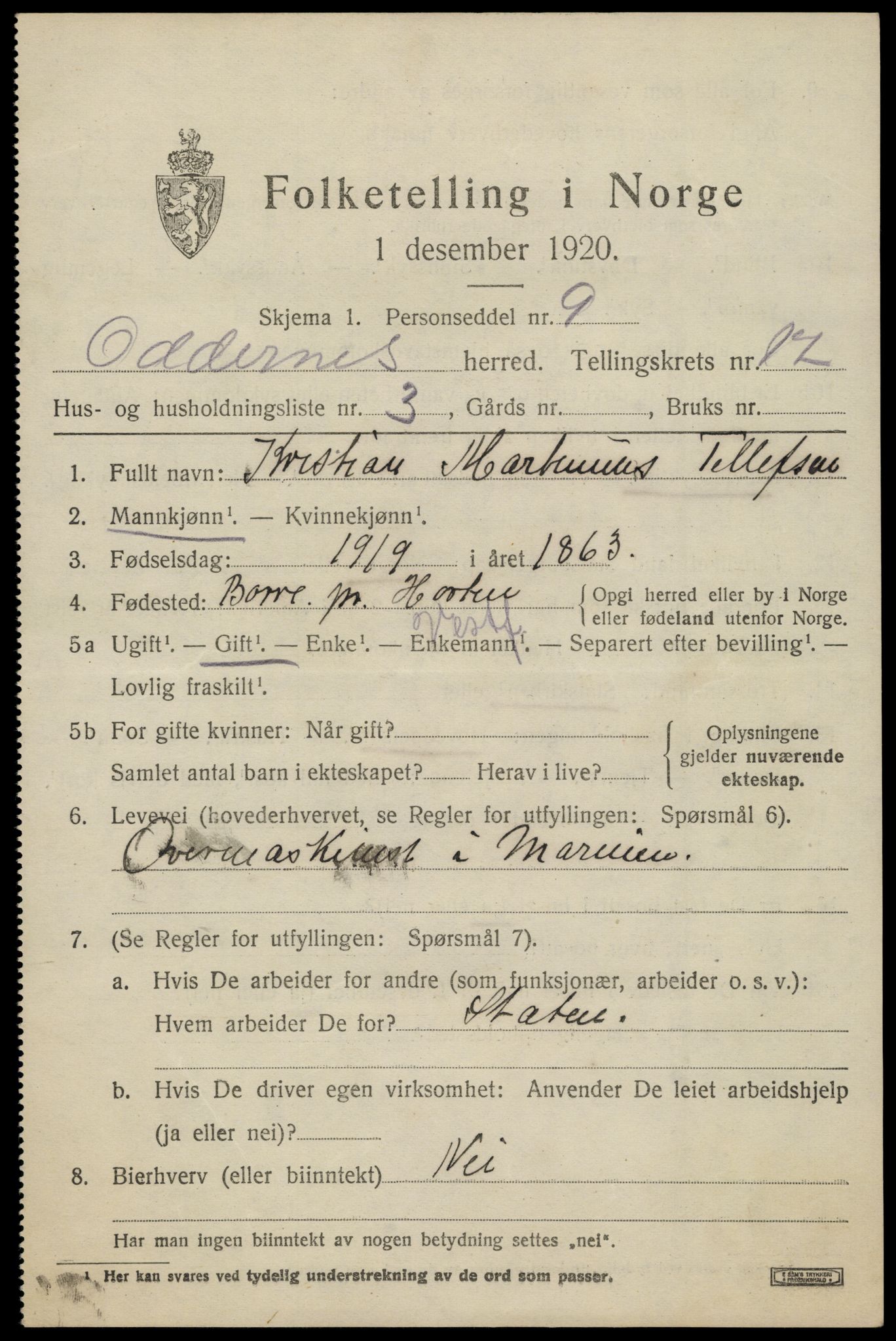 SAK, 1920 census for Oddernes, 1920, p. 12545