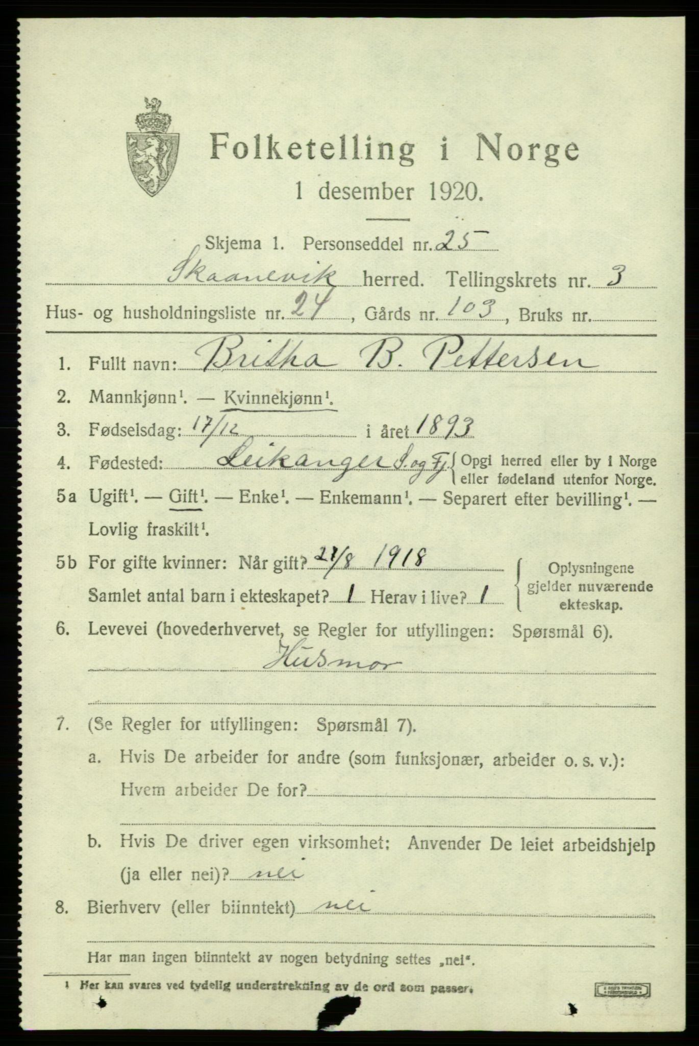 SAB, 1920 census for Skånevik, 1920, p. 3075