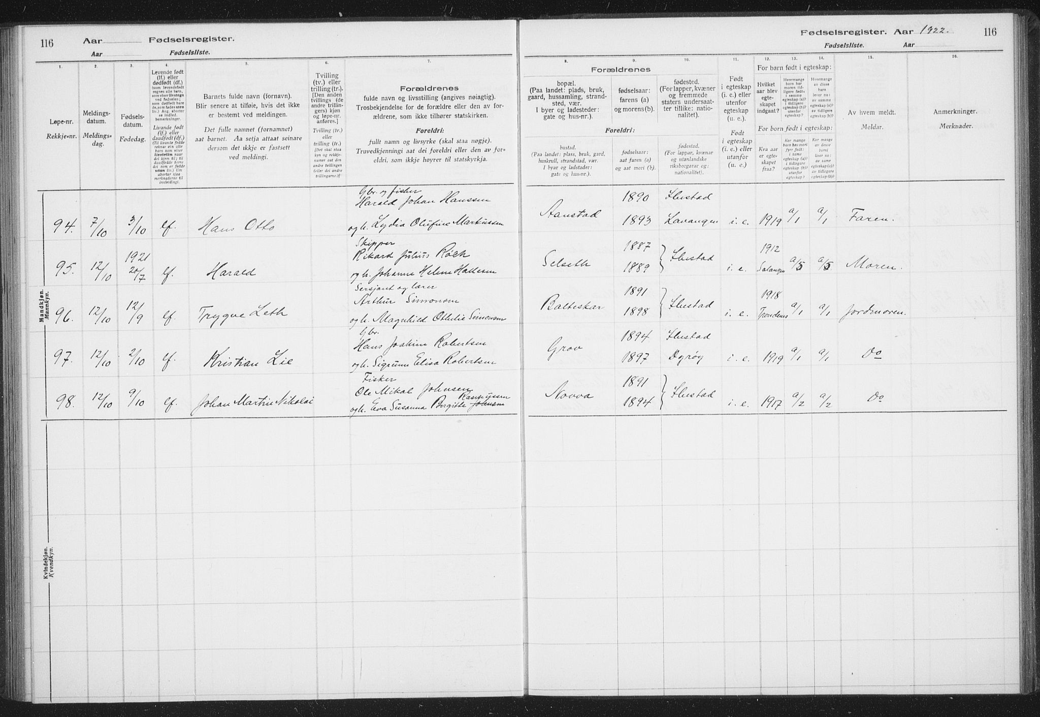 Ibestad sokneprestembete, AV/SATØ-S-0077/I/Ic/L0061: Birth register no. 61, 1917-1929, p. 116