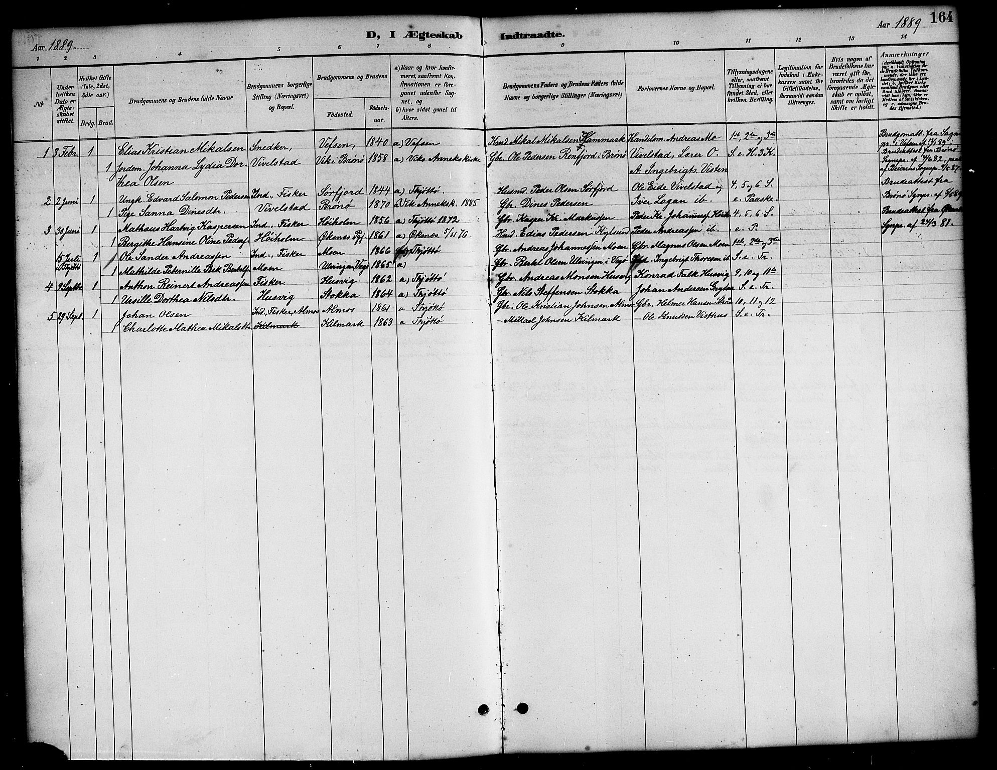 Ministerialprotokoller, klokkerbøker og fødselsregistre - Nordland, SAT/A-1459/819/L0277: Parish register (copy) no. 819C03, 1888-1917, p. 164