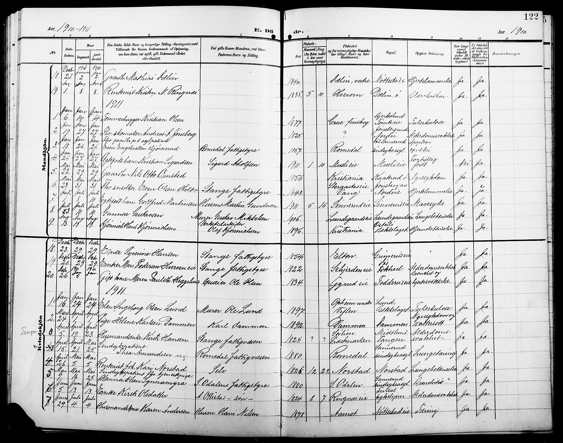 Stange prestekontor, SAH/PREST-002/L/L0013: Parish register (copy) no. 13, 1906-1915, p. 122