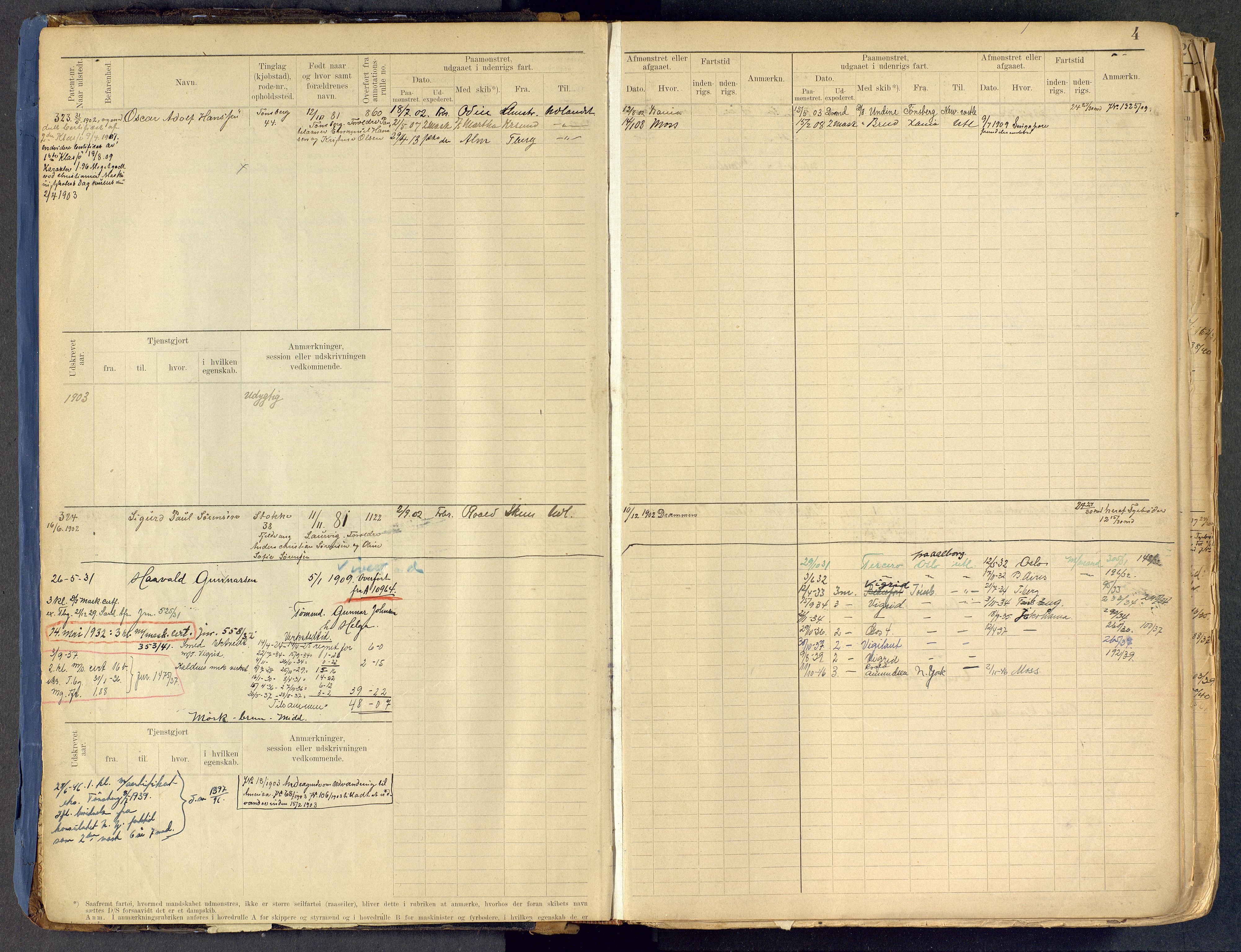 Tønsberg innrulleringskontor, SAKO/A-786/F/Fe/L0002: Maskinist- og fyrbøterrulle Patent nr. 315-1110, 1902-1924, p. 4