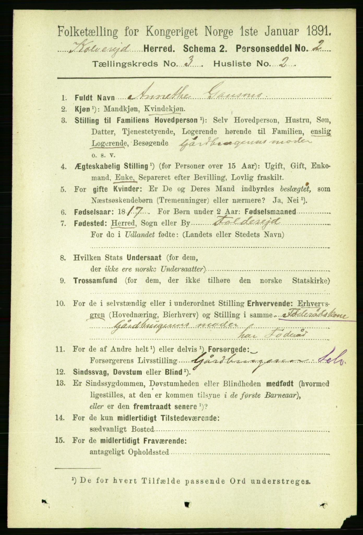 RA, 1891 census for 1752 Kolvereid, 1891, p. 885