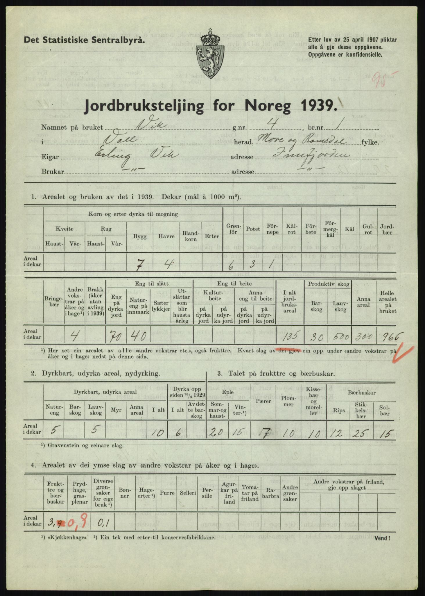 Statistisk sentralbyrå, Næringsøkonomiske emner, Jordbruk, skogbruk, jakt, fiske og fangst, AV/RA-S-2234/G/Gb/L0251: Møre og Romsdal: Voll, Eid, Grytten og Hen, 1939, p. 343