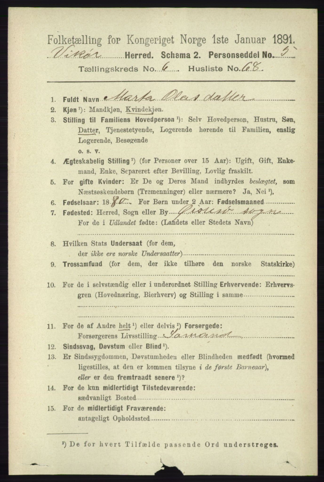 RA, 1891 census for 1238 Vikør, 1891, p. 2193