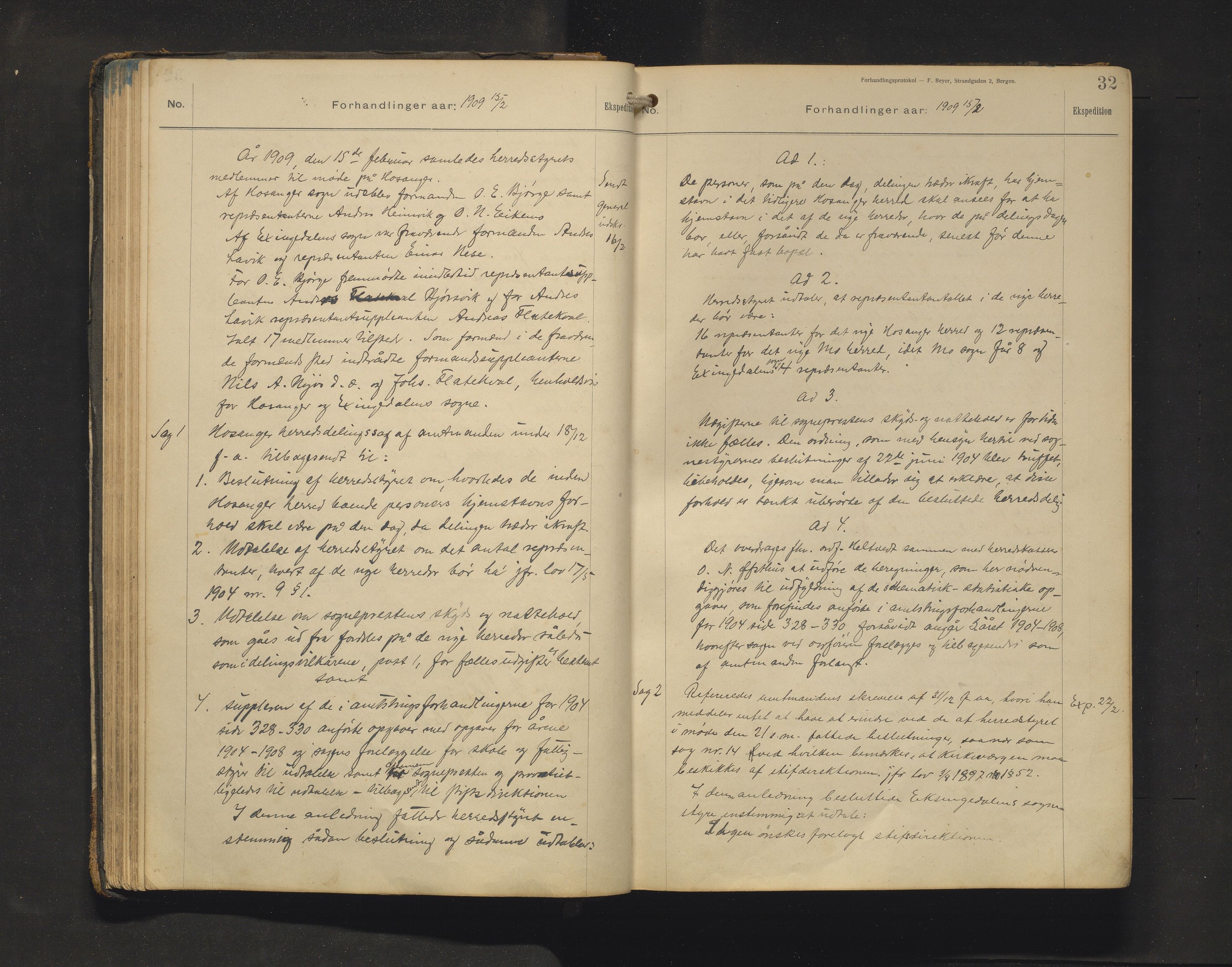 Hosanger kommune. Formannskapet, IKAH/1253a-021/A/Aa/L0004: Møtebok for Hosanger formannskap og heradsstyre , 1907-1917, p. 32