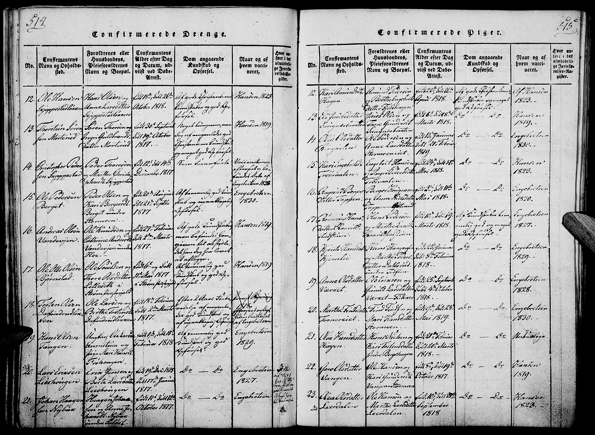 Nord-Odal prestekontor, AV/SAH-PREST-032/H/Ha/Haa/L0001: Parish register (official) no. 1, 1819-1838, p. 514-515