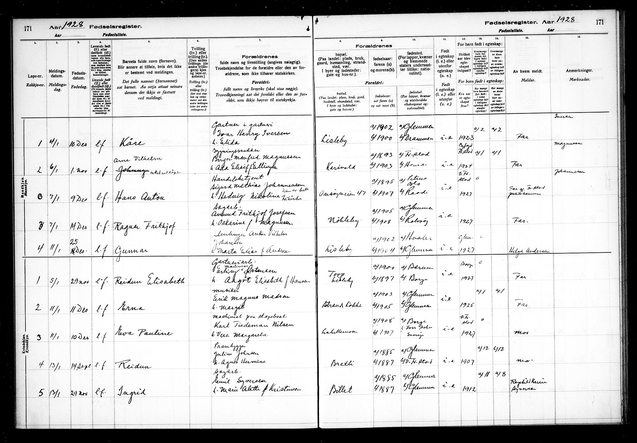 Glemmen prestekontor Kirkebøker, AV/SAO-A-10908/J/Ja/L0002: Birth register no. I 2, 1922-1929, p. 171