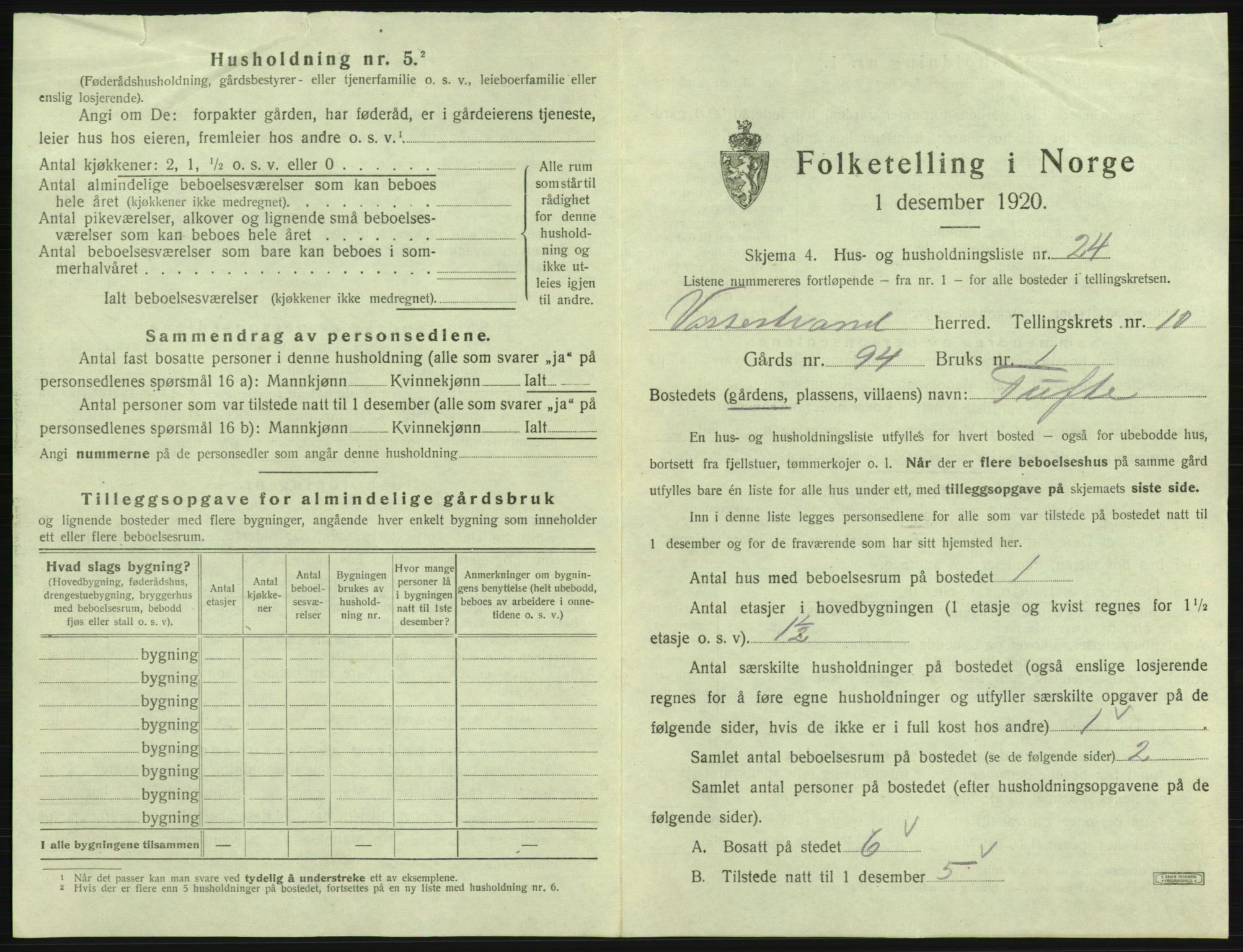 SAB, 1920 census for Vossestrand, 1920, p. 706