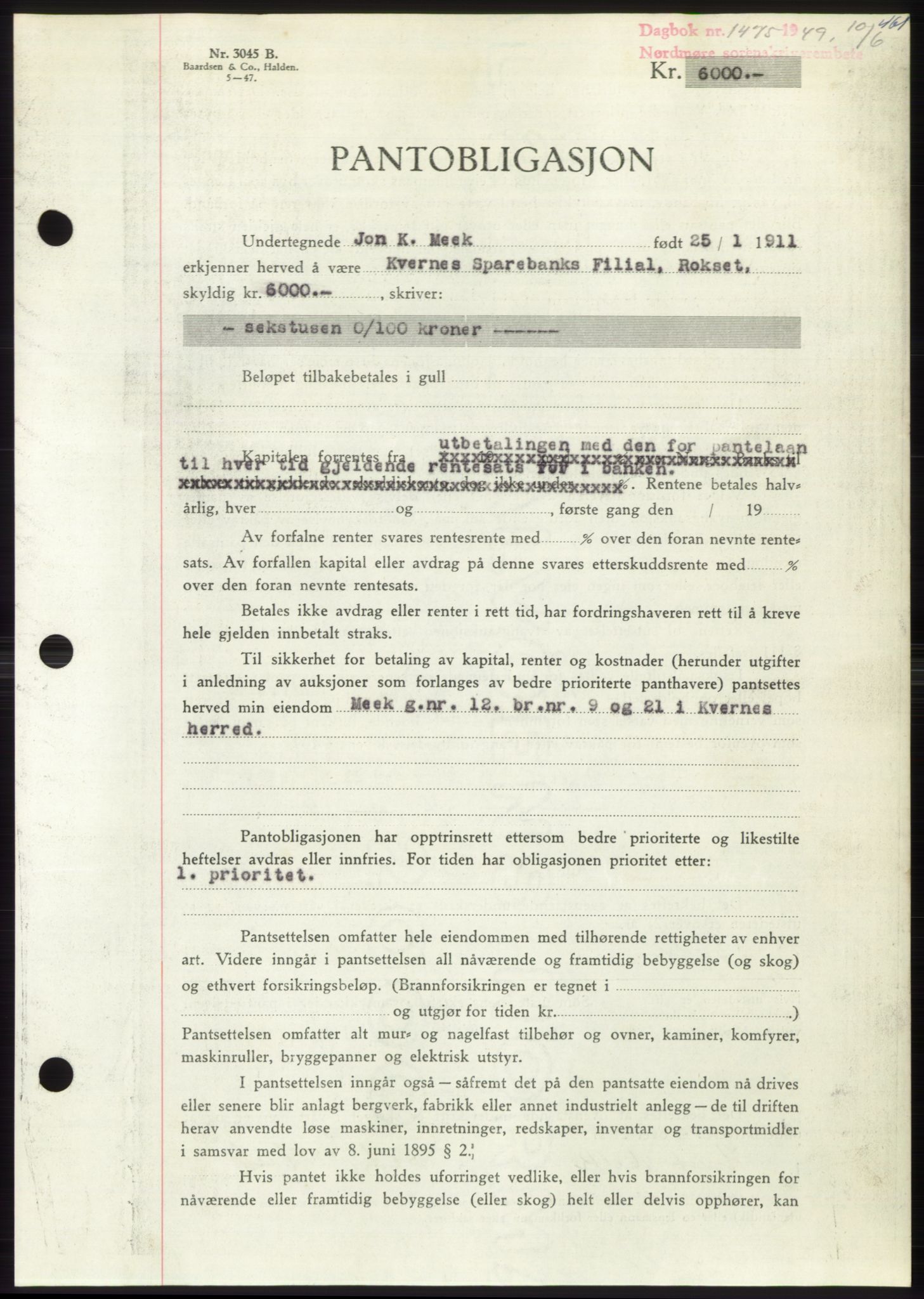 Nordmøre sorenskriveri, AV/SAT-A-4132/1/2/2Ca: Mortgage book no. B101, 1949-1949, Diary no: : 1475/1949