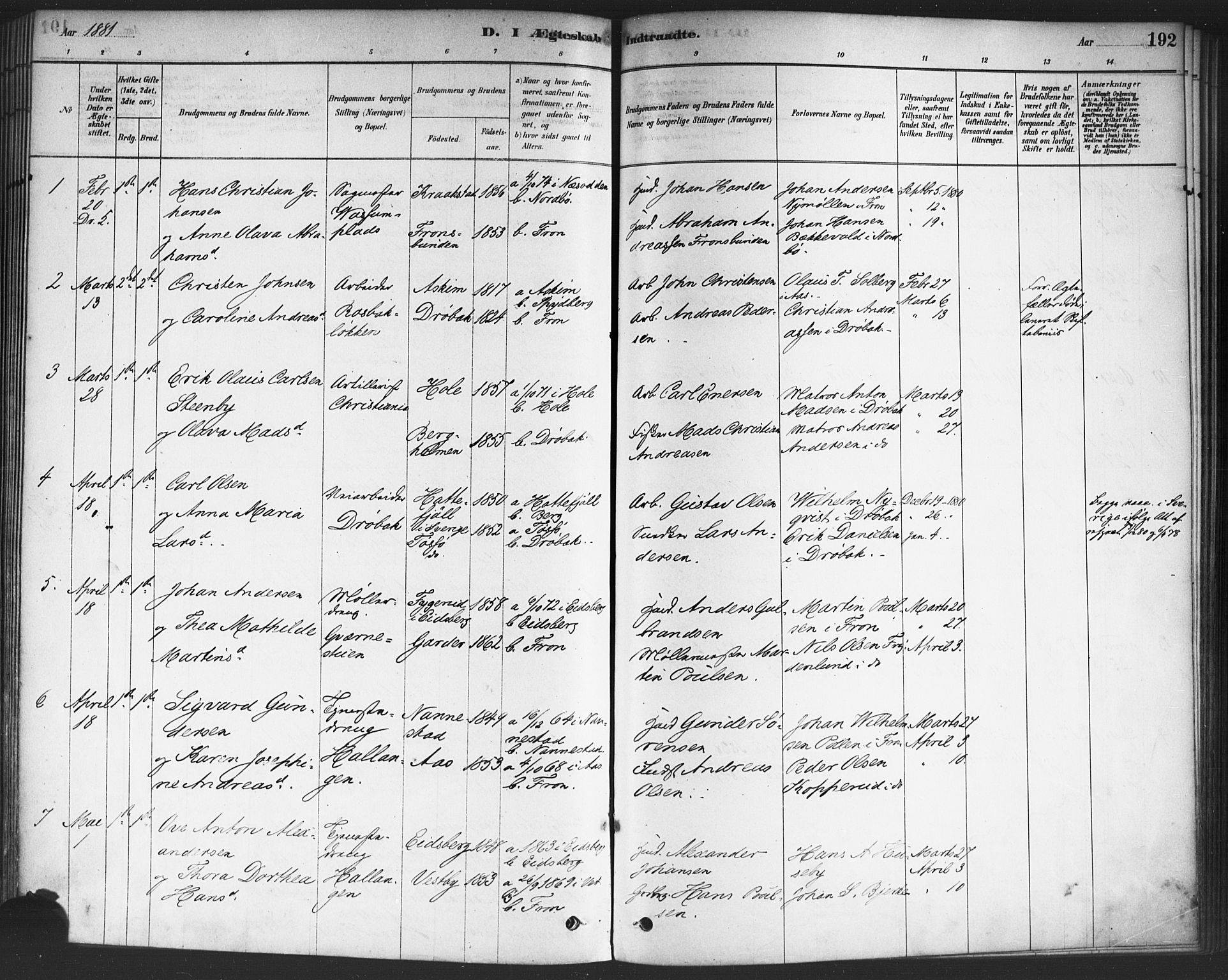 Drøbak prestekontor Kirkebøker, AV/SAO-A-10142a/F/Fc/L0002: Parish register (official) no. III 2, 1878-1891, p. 192