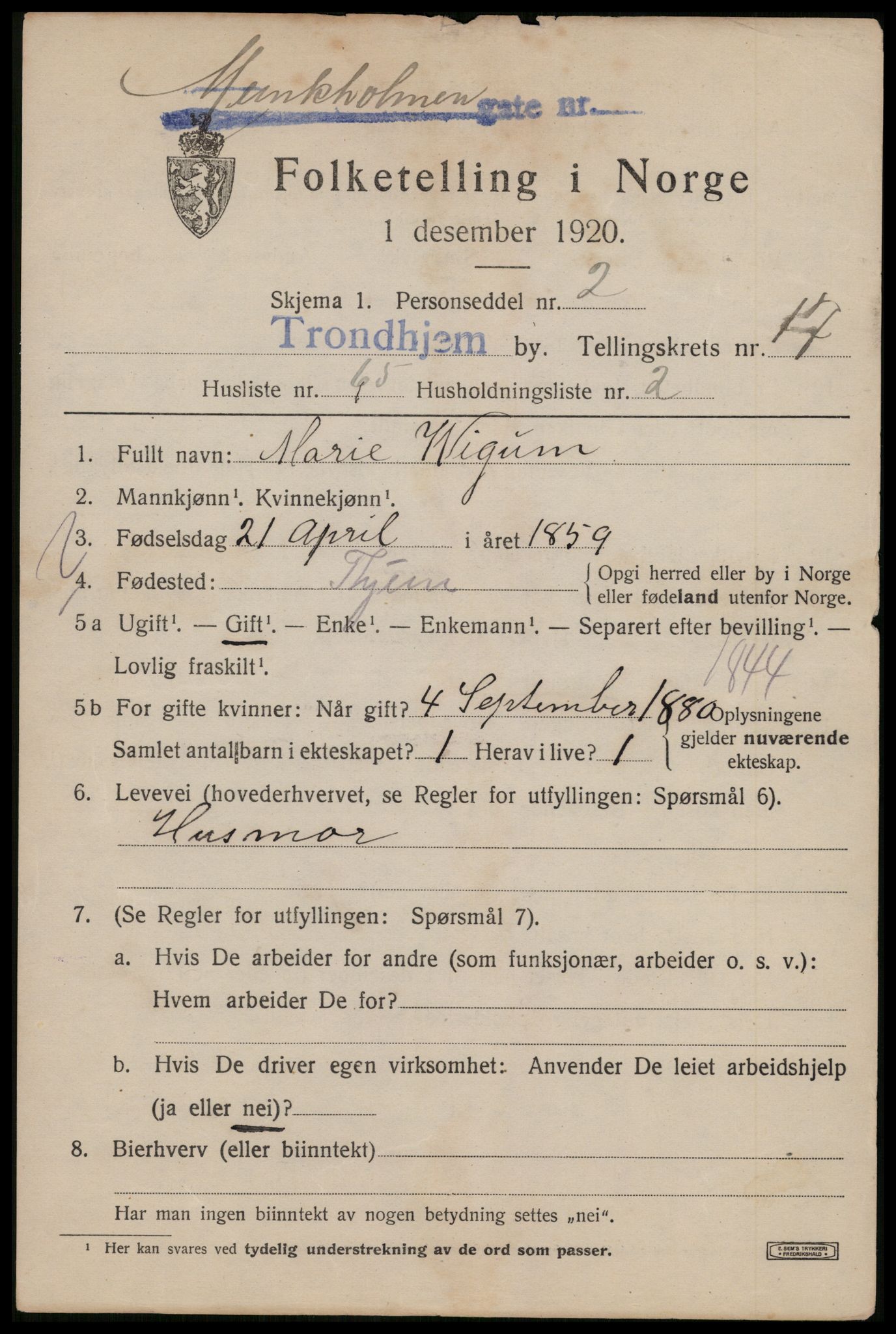 SAT, 1920 census for Trondheim, 1920, p. 56674