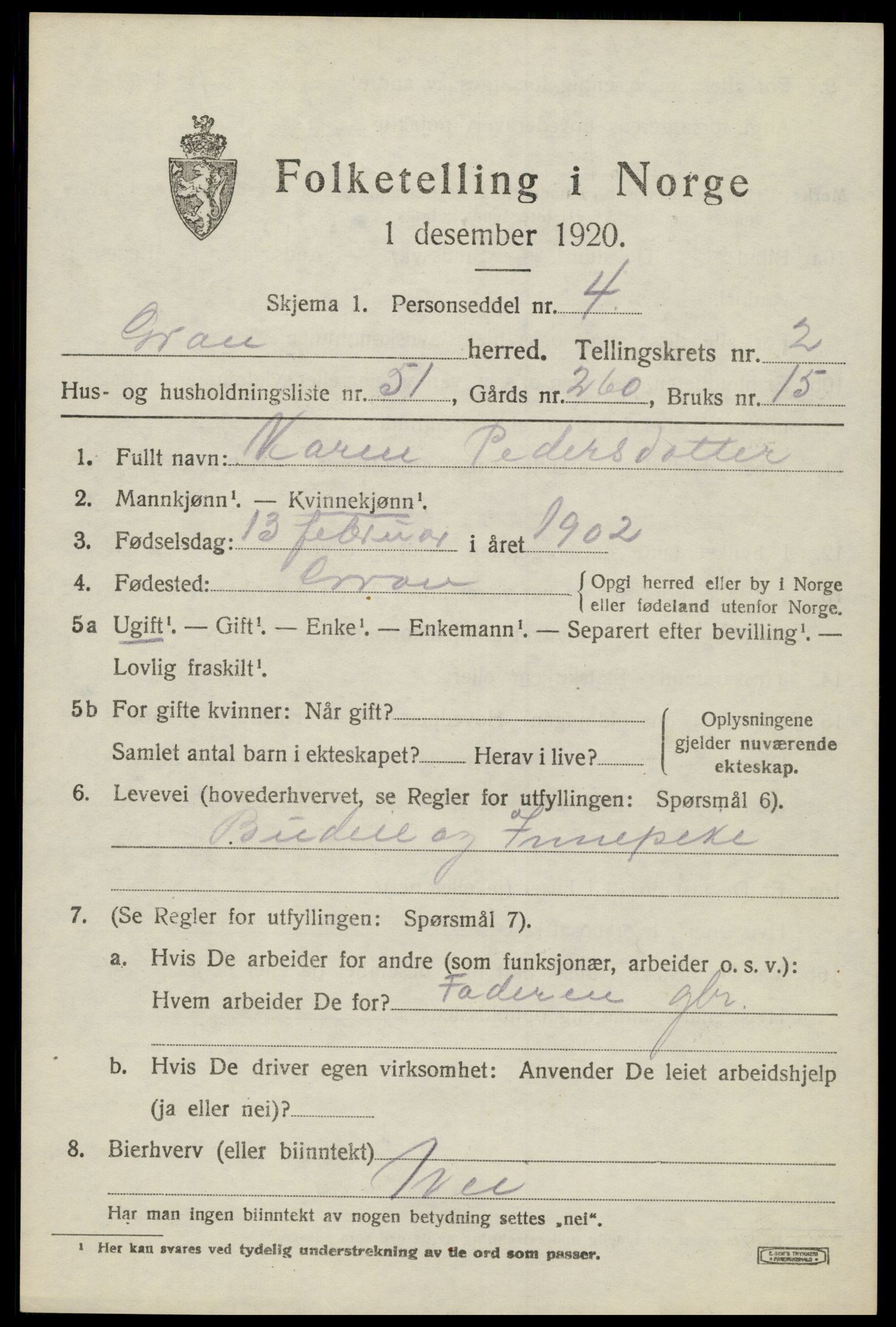 SAH, 1920 census for Gran, 1920, p. 3752