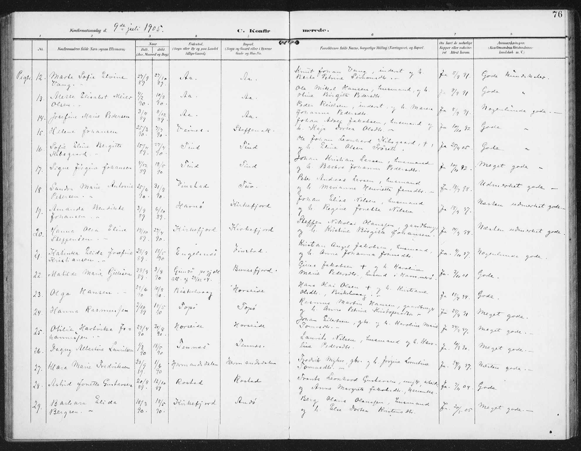 Ministerialprotokoller, klokkerbøker og fødselsregistre - Nordland, SAT/A-1459/886/L1221: Parish register (official) no. 886A03, 1903-1913, p. 76