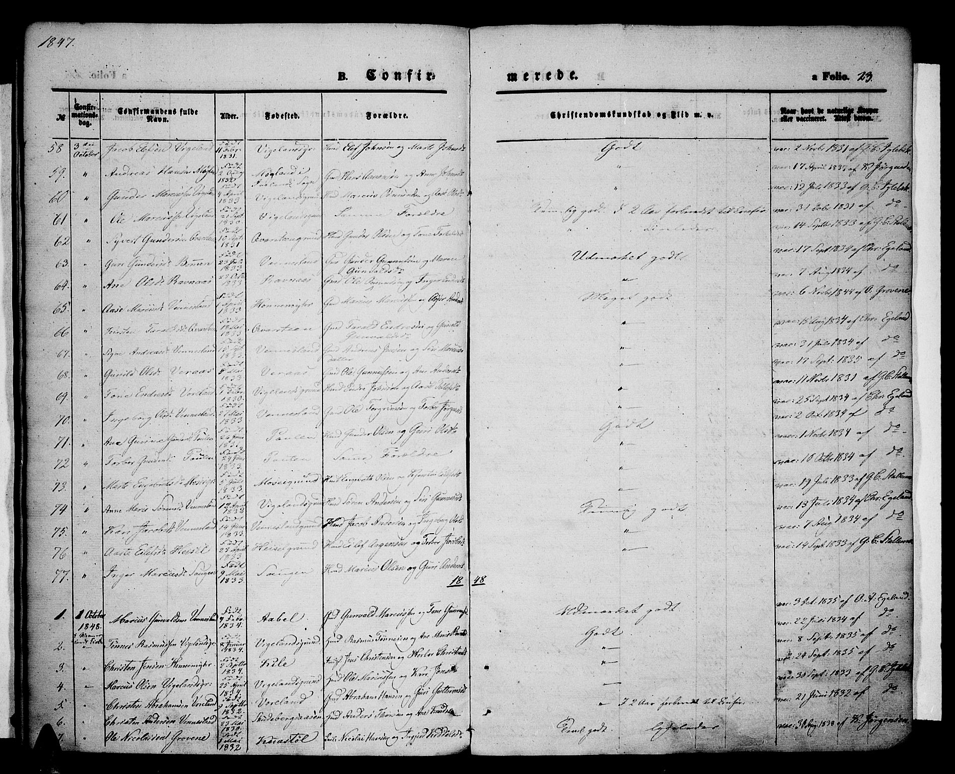 Vennesla sokneprestkontor, AV/SAK-1111-0045/Fa/Fac/L0005: Parish register (official) no. A 5, 1844-1855, p. 23