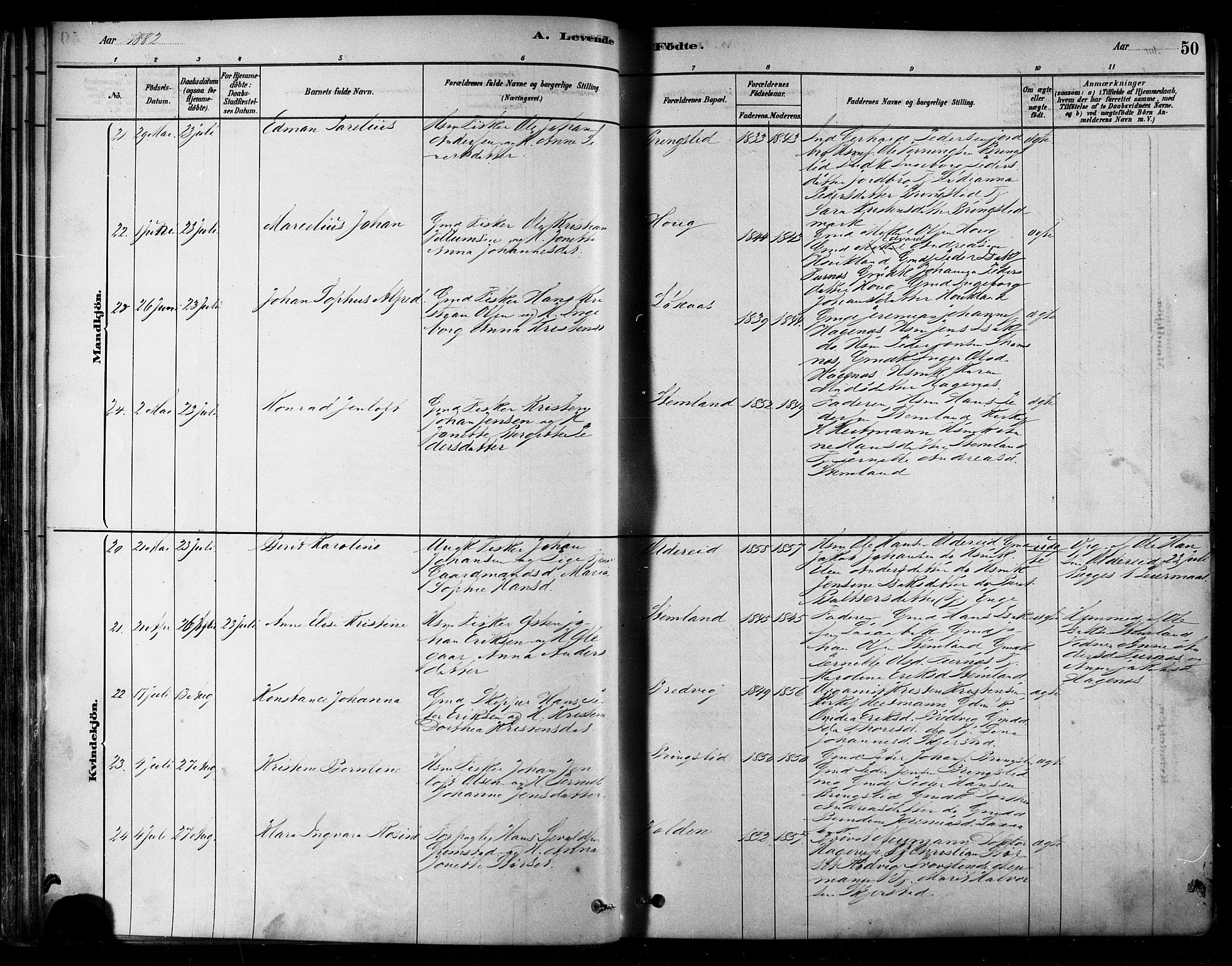 Ministerialprotokoller, klokkerbøker og fødselsregistre - Nordland, AV/SAT-A-1459/852/L0740: Parish register (official) no. 852A10, 1878-1894, p. 50