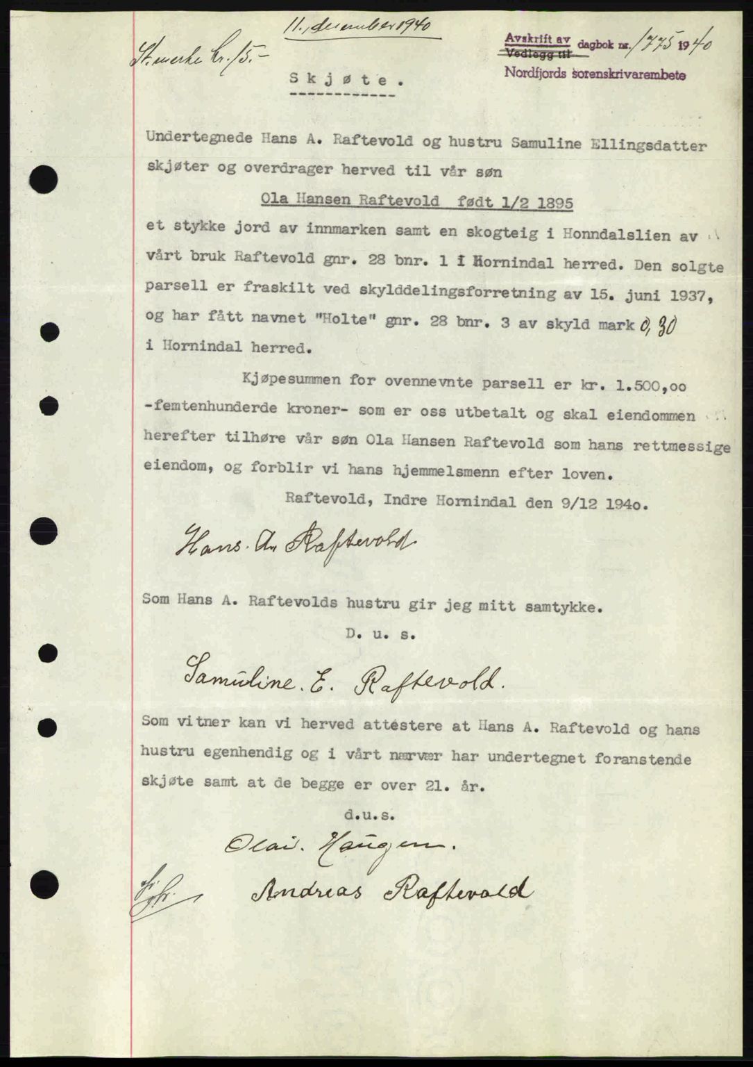 Nordfjord sorenskriveri, AV/SAB-A-2801/02/02b/02bj/L0006: Mortgage book no. A6, 1940-1941, Diary no: : 1775/1940