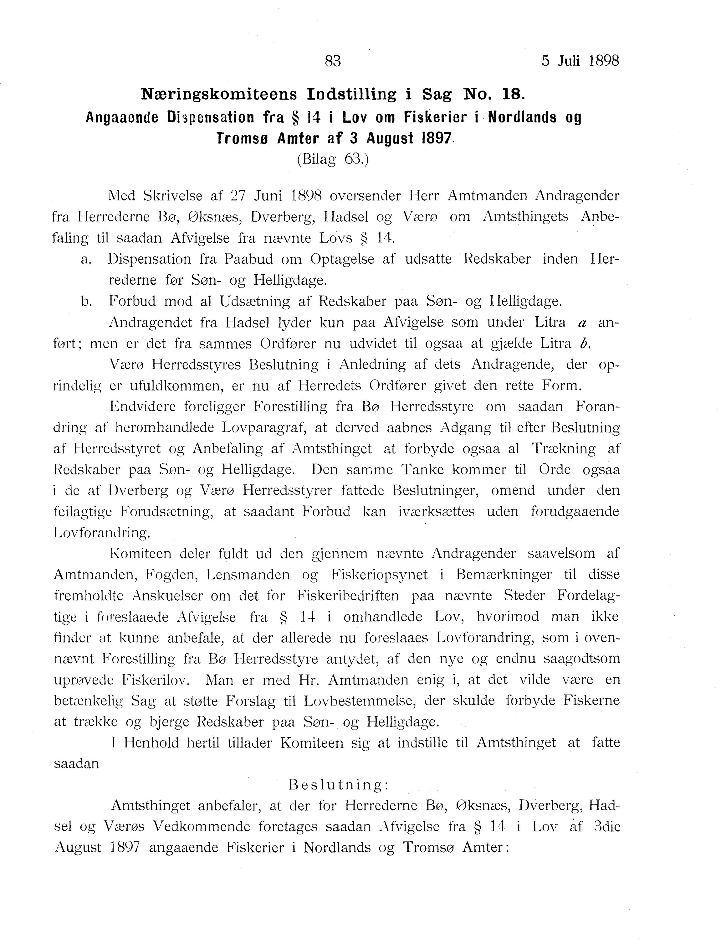 Nordland Fylkeskommune. Fylkestinget, AIN/NFK-17/176/A/Ac/L0021: Fylkestingsforhandlinger 1898, 1898