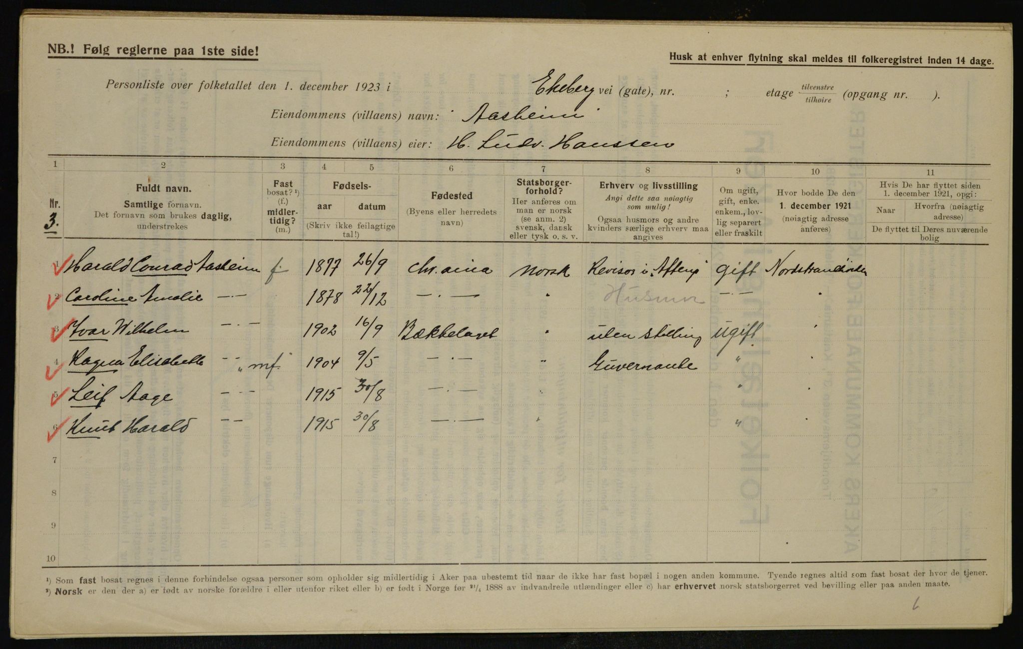 , Municipal Census 1923 for Aker, 1923, p. 37321