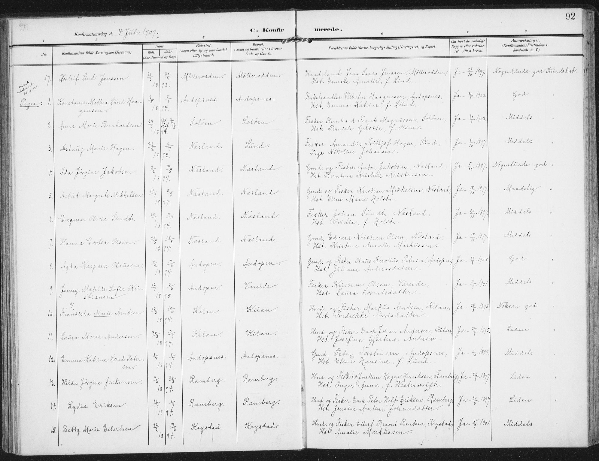 Ministerialprotokoller, klokkerbøker og fødselsregistre - Nordland, SAT/A-1459/885/L1206: Parish register (official) no. 885A07, 1905-1915, p. 92