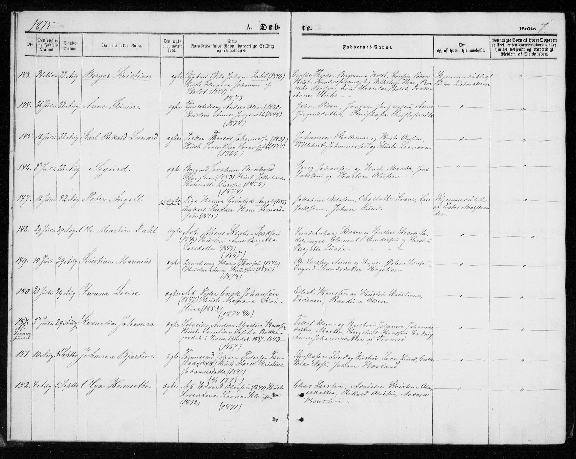 Tromsø sokneprestkontor/stiftsprosti/domprosti, AV/SATØ-S-1343/G/Gb/L0008klokker: Parish register (copy) no. 8, 1875-1879, p. 7