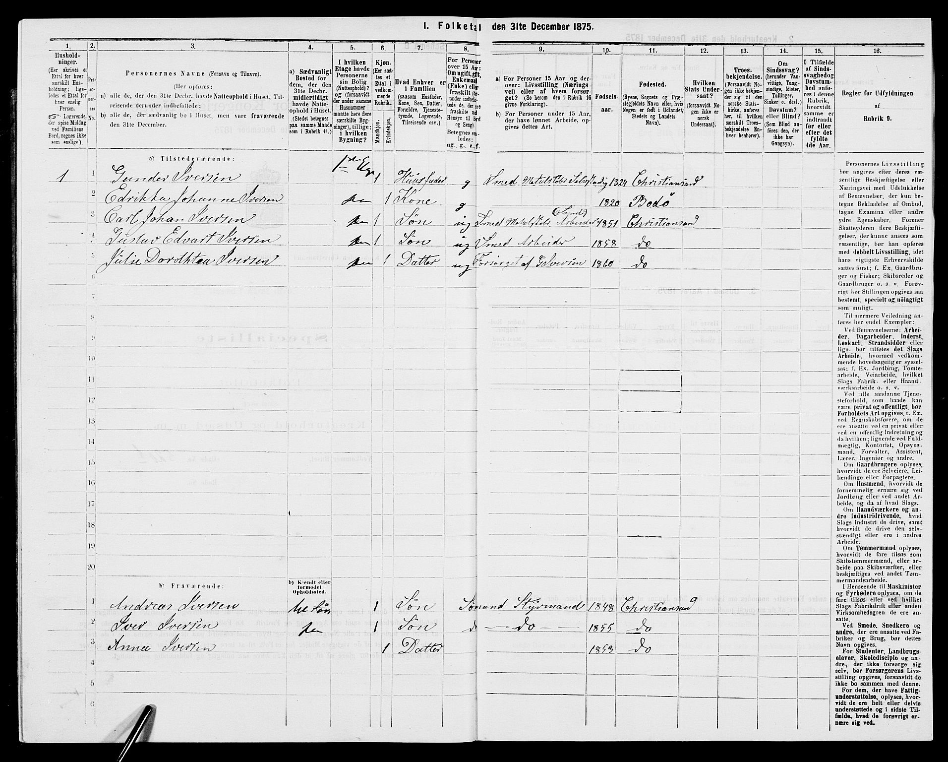 SAK, 1875 census for 1001P Kristiansand, 1875, p. 2013