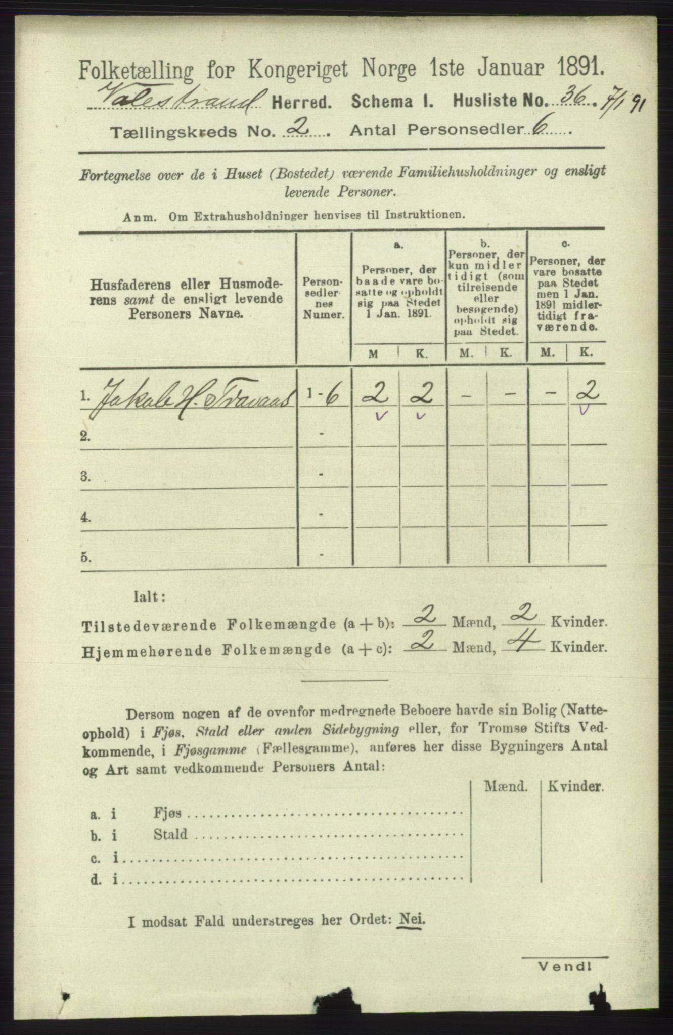 RA, 1891 census for 1217 Valestrand, 1891, p. 295