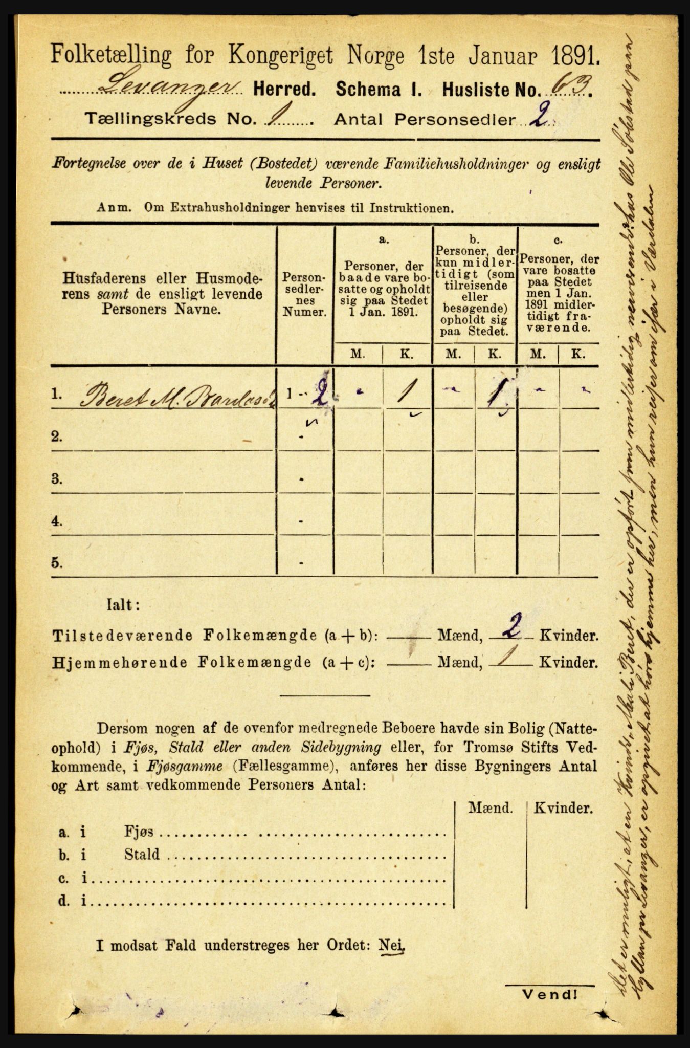 RA, 1891 census for 1720 Levanger, 1891, p. 84