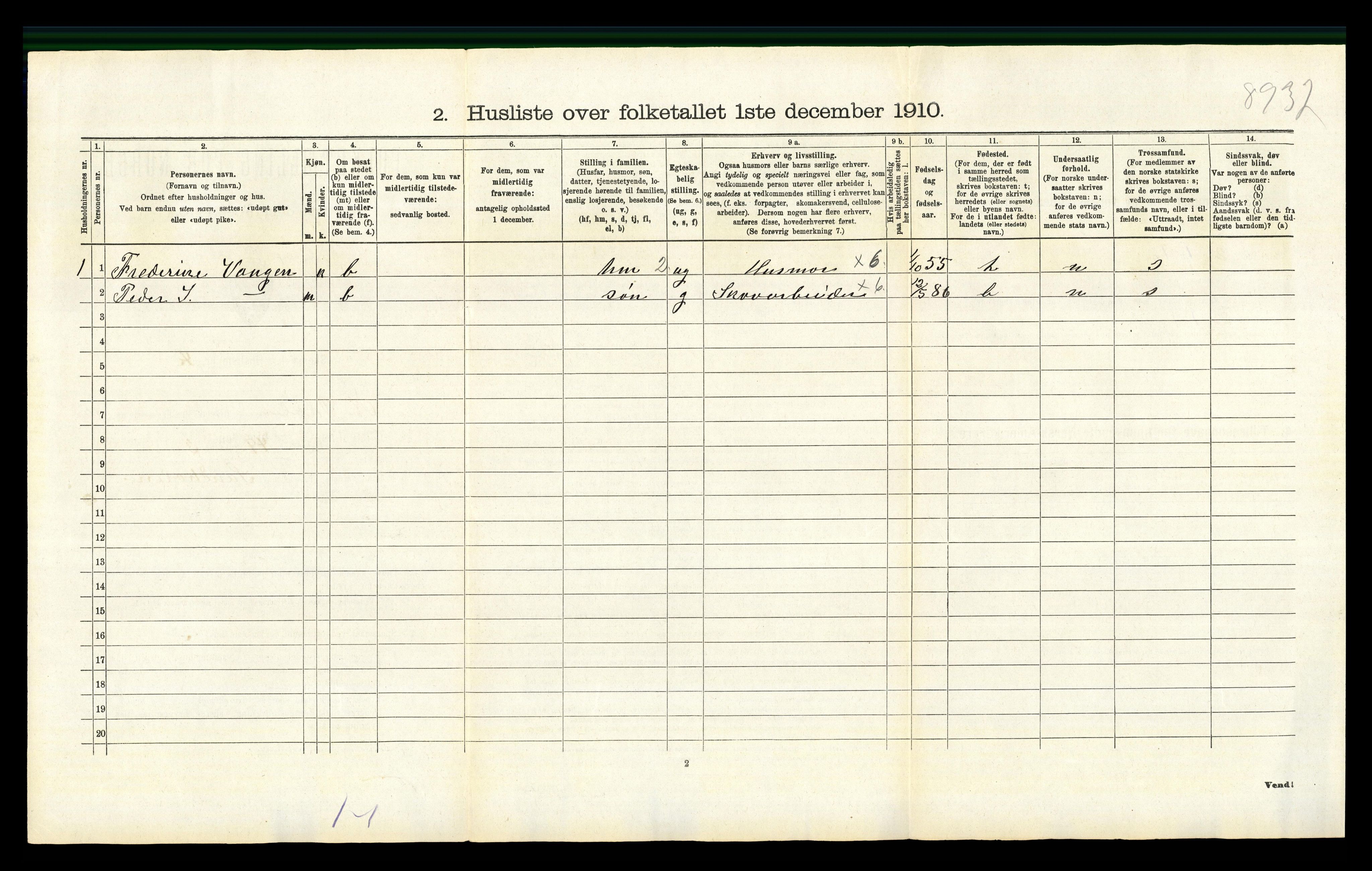 RA, 1910 census for Nord-Odal, 1910, p. 1108