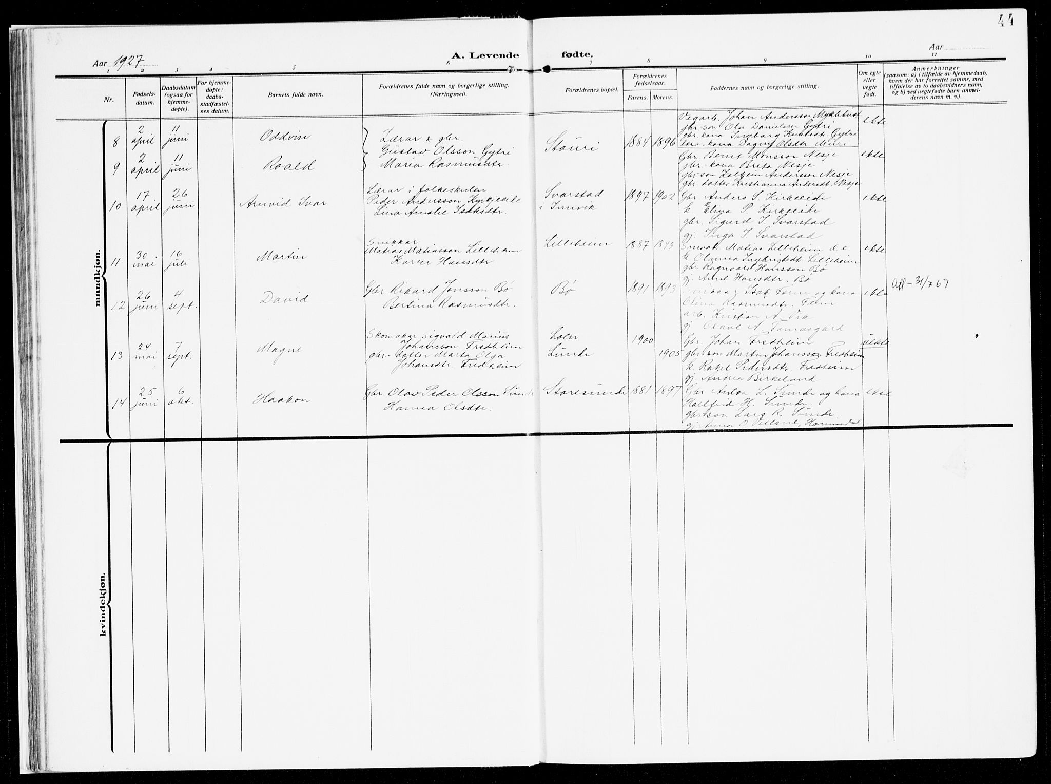 Stryn Sokneprestembete, AV/SAB-A-82501: Parish register (official) no. B 2, 1908-1936, p. 44