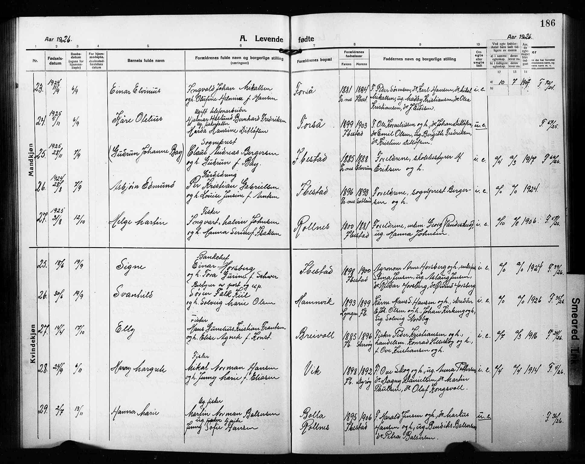 Ibestad sokneprestembete, AV/SATØ-S-0077/H/Ha/Hab/L0010klokker: Parish register (copy) no. 10, 1915-1929, p. 186