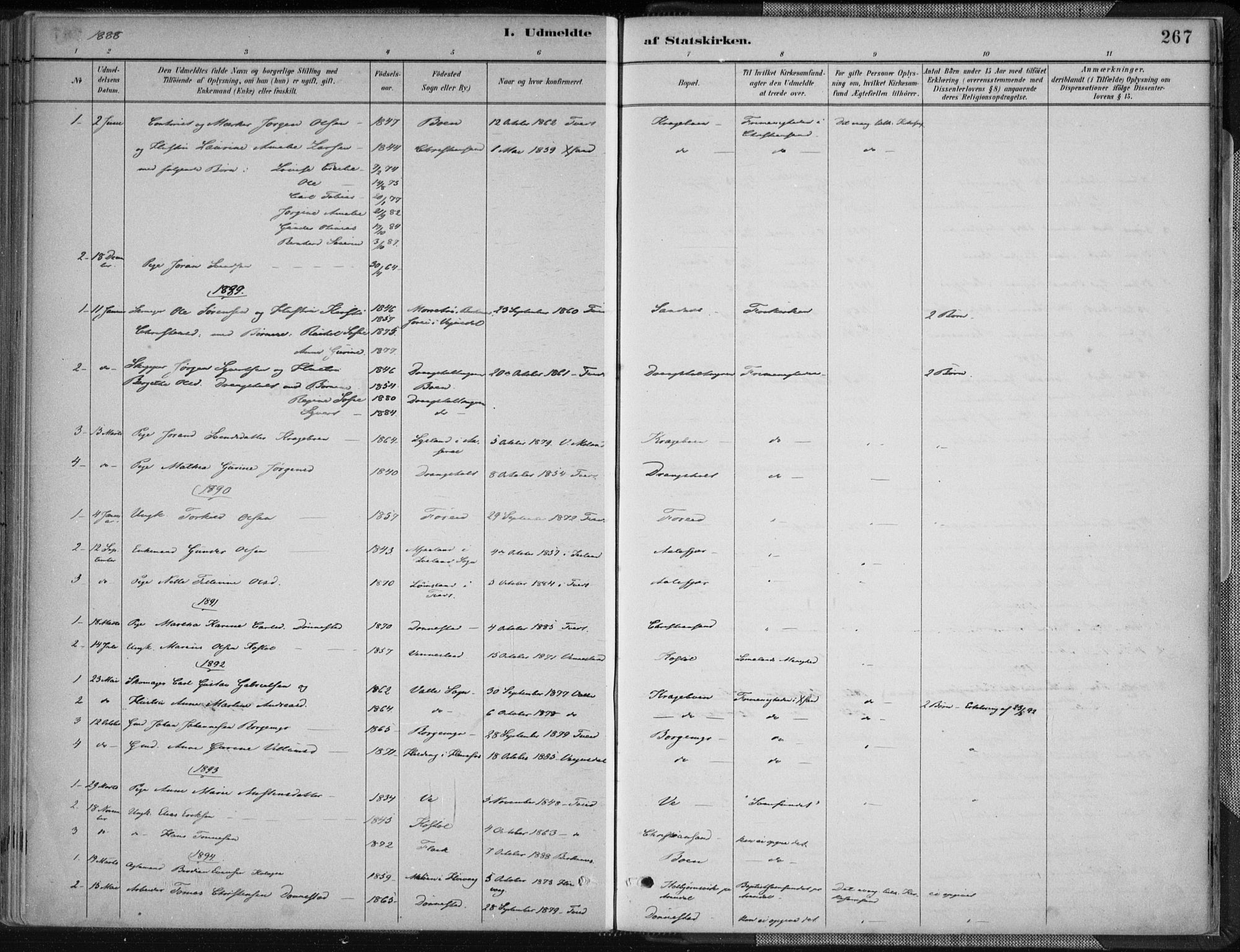 Tveit sokneprestkontor, AV/SAK-1111-0043/F/Fa/L0007: Parish register (official) no. A 7, 1887-1908, p. 267