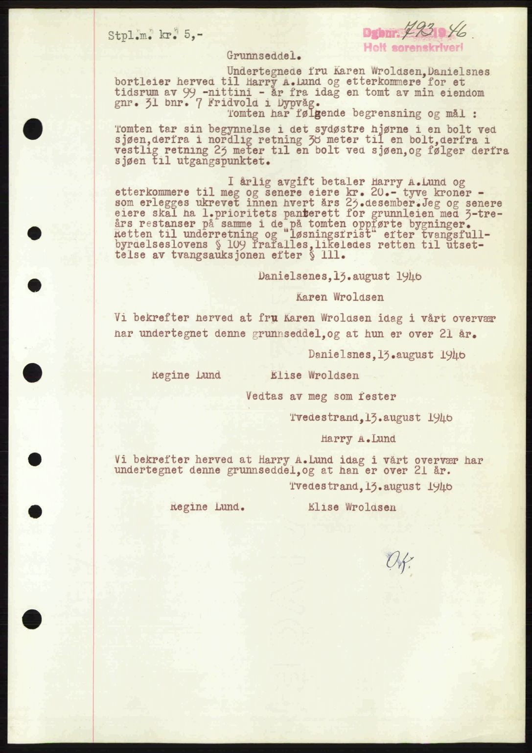 Holt sorenskriveri, AV/SAK-1221-0002/G/Gba/L0055: Mortgage book no. A3, 1946-1946, Diary no: : 793/1946