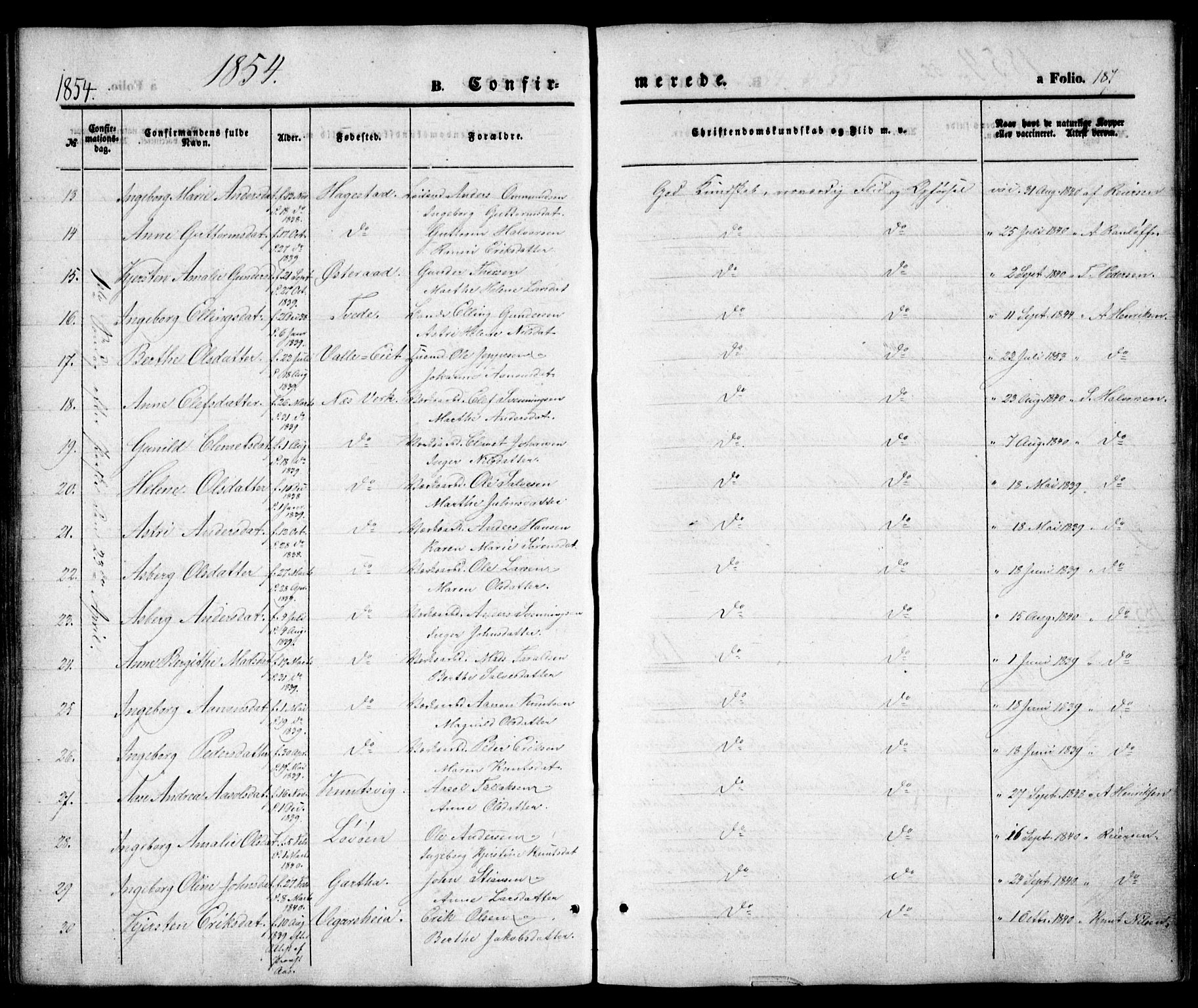 Holt sokneprestkontor, SAK/1111-0021/F/Fa/L0008: Parish register (official) no. A 8, 1849-1860, p. 187