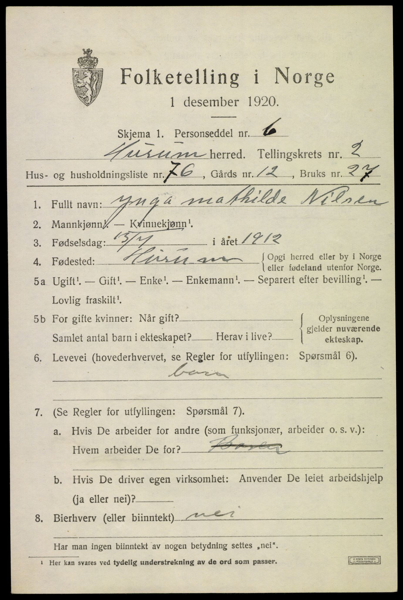 SAKO, 1920 census for Hurum, 1920, p. 4606