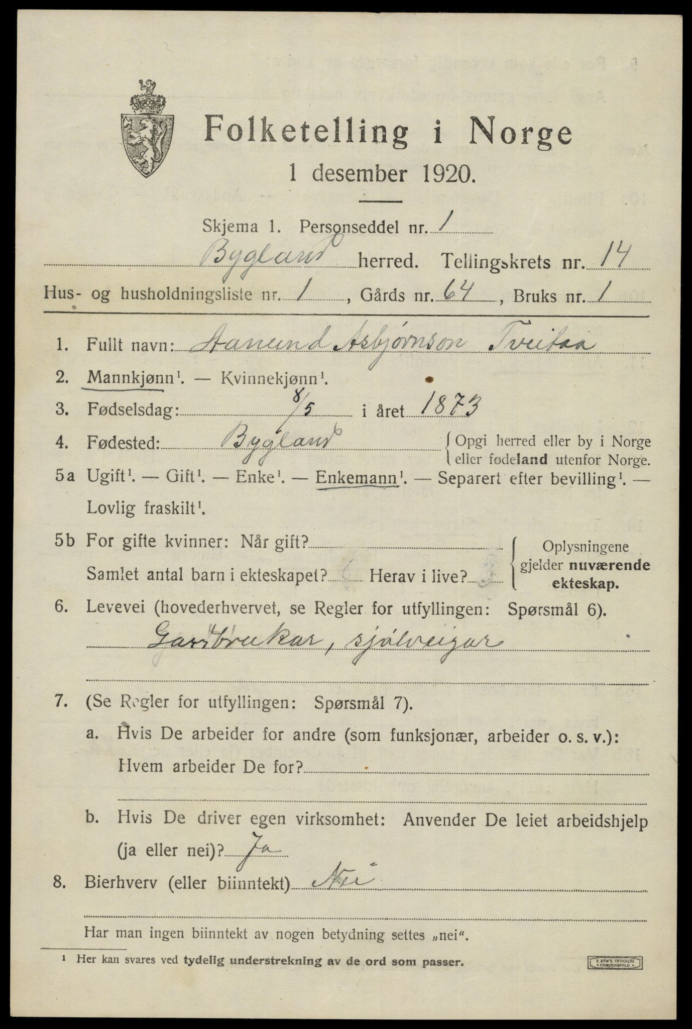 SAK, 1920 census for Bygland, 1920, p. 5911