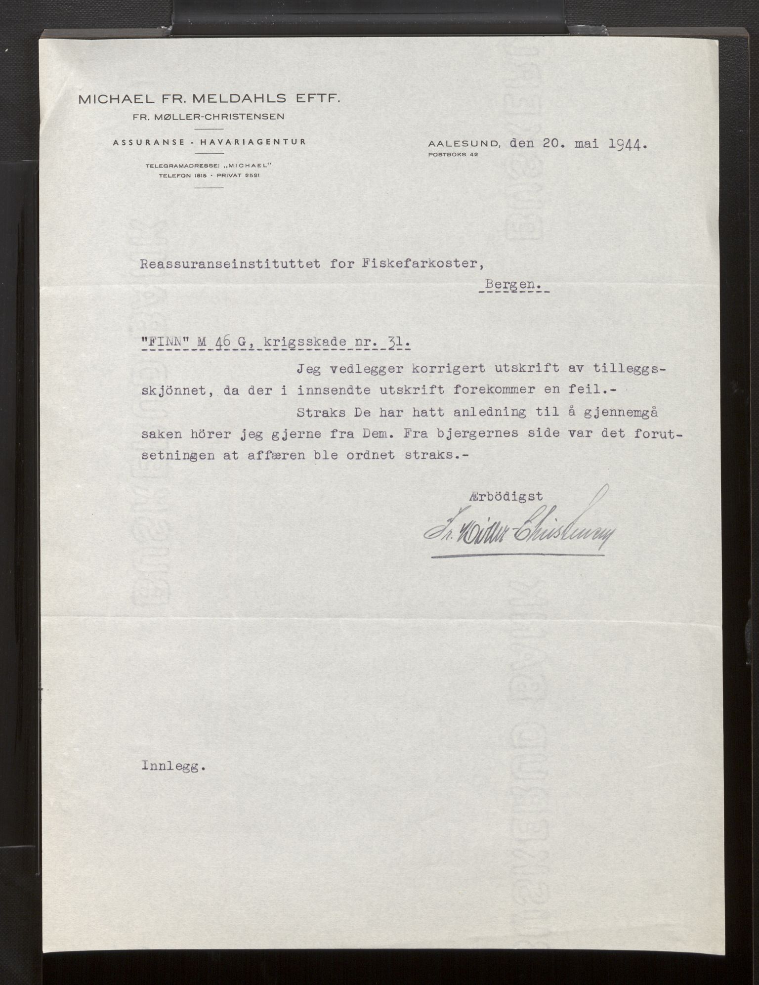Fiskeridirektoratet - 1 Adm. ledelse - 13 Båtkontoret, AV/SAB-A-2003/La/L0058: Statens krigsforsikring for fiskeflåten, 1936-1971, p. 828