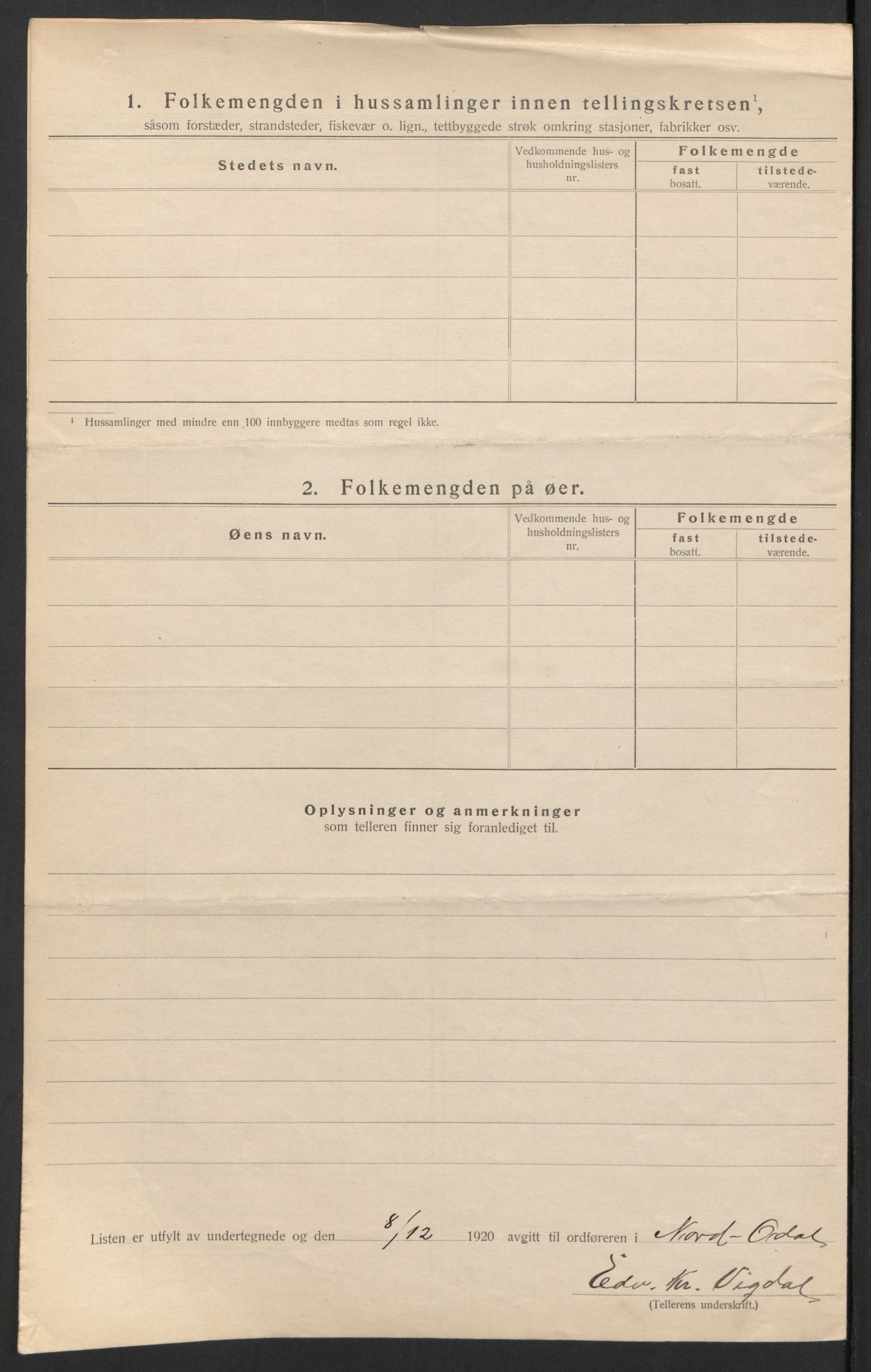 SAH, 1920 census for Nord-Odal, 1920, p. 8