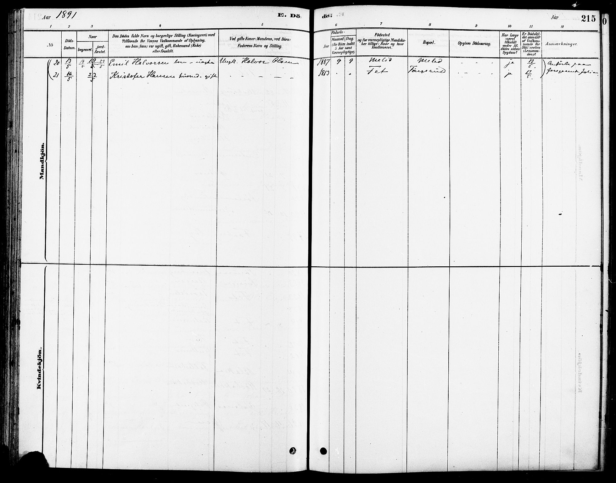 Fet prestekontor Kirkebøker, AV/SAO-A-10370a/F/Fa/L0014: Parish register (official) no. I 14, 1878-1891, p. 215