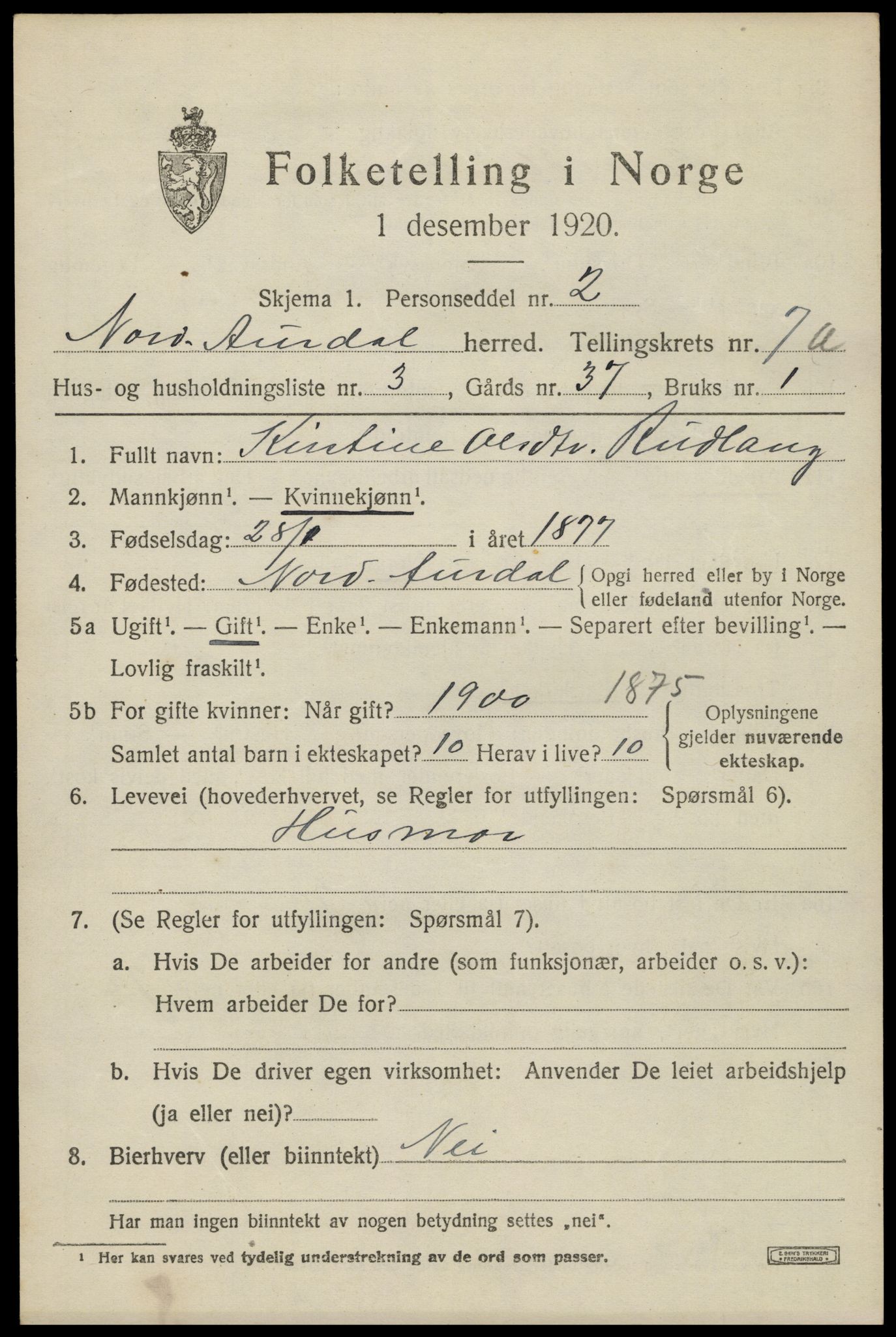 SAH, 1920 census for Nord-Aurdal, 1920, p. 5964