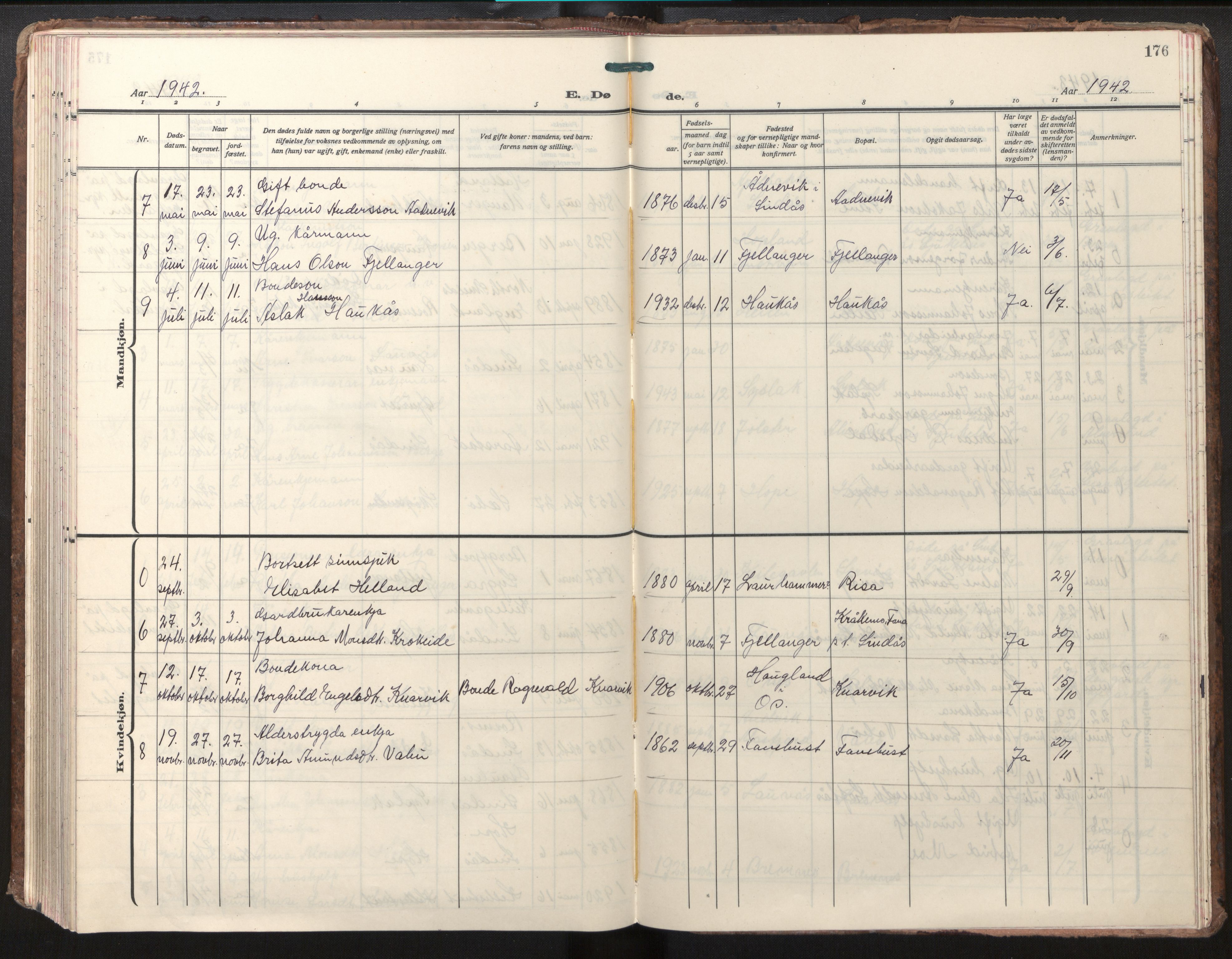 Lindås Sokneprestembete, AV/SAB-A-76701/H/Haa/Haab/L0004: Parish register (official) no. B 4, 1929-1948, p. 176